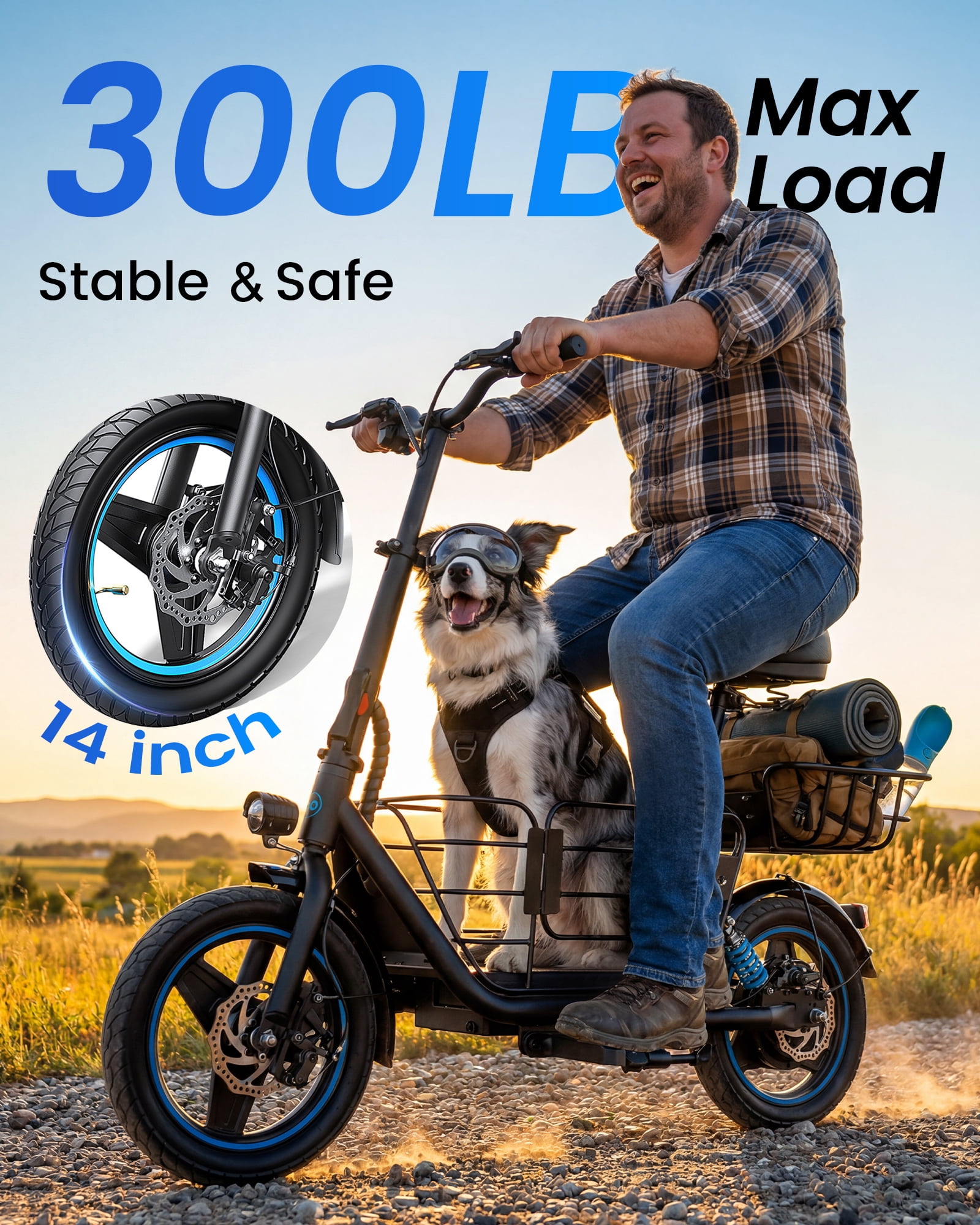 MIHOVER Electric Scooter for Adults and Pets with Seat and Pet Basket (Black, 300 lb) k6a9e