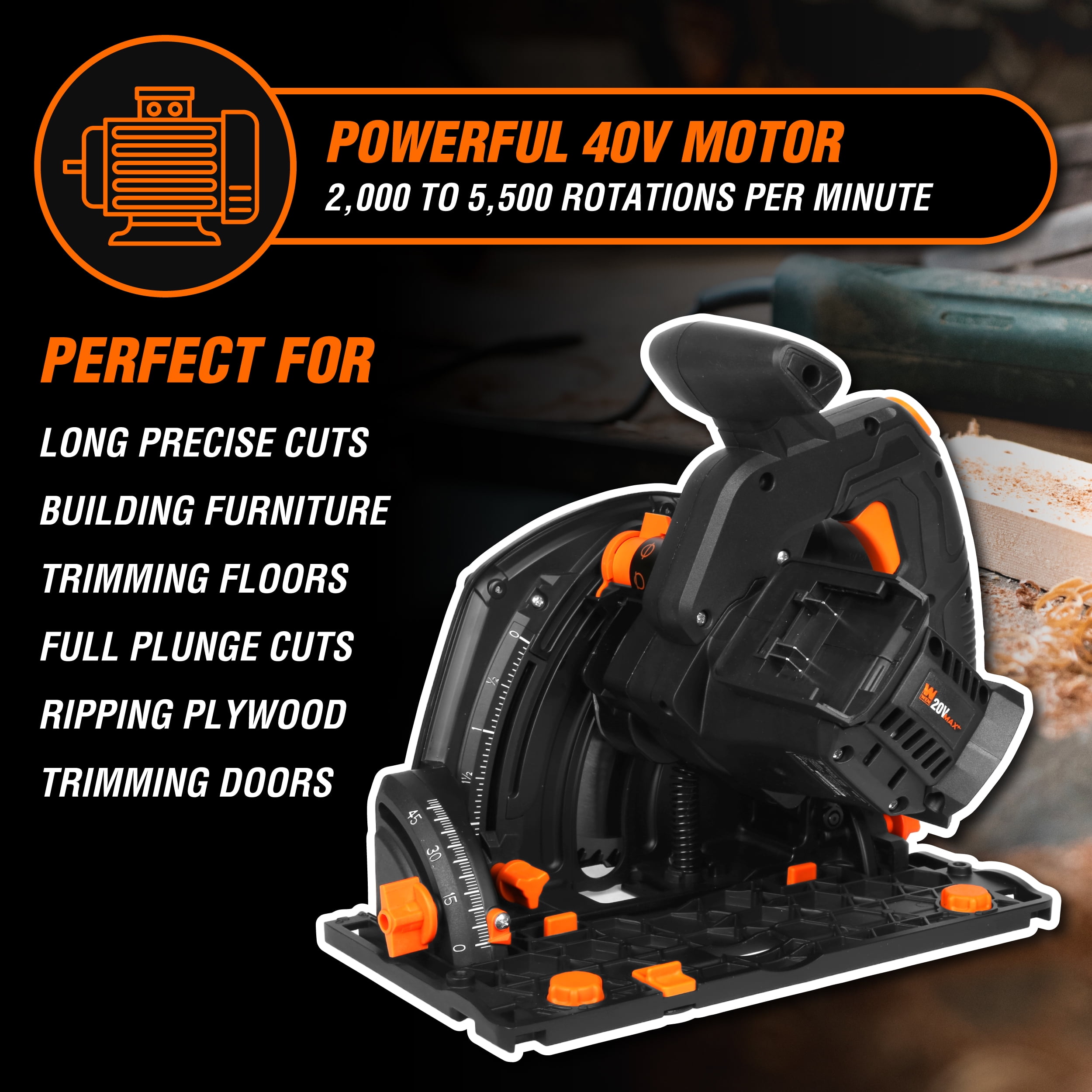 WEN 20V Max 6.5-Inch Cordless Brushless Plunge Cut Track Saw (Variable Speed, Tool Only) qrm2k