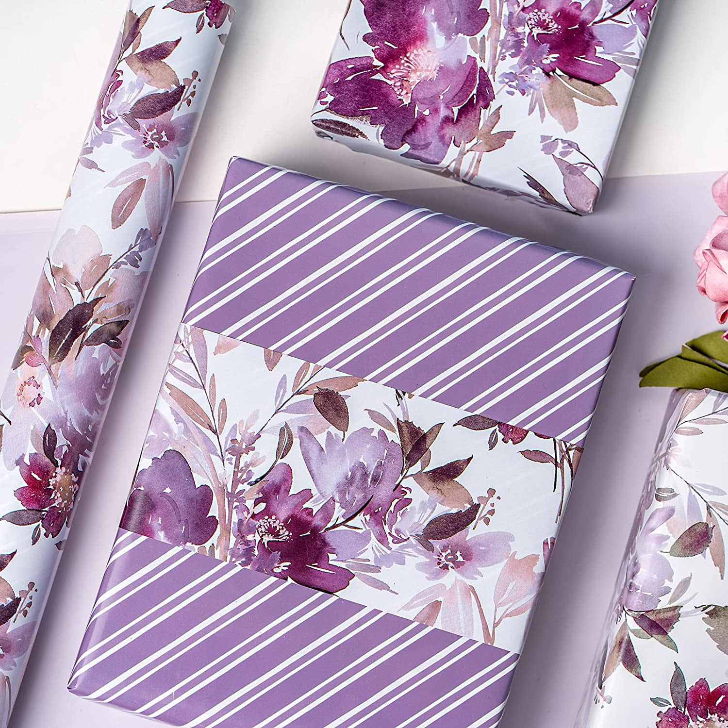 WRAPAHOLIC Reversible Wrapping Paper, Premium Floral Gift Wrap for Weddings and Holidays (Purple, 17 in x 33 ft) vs44s