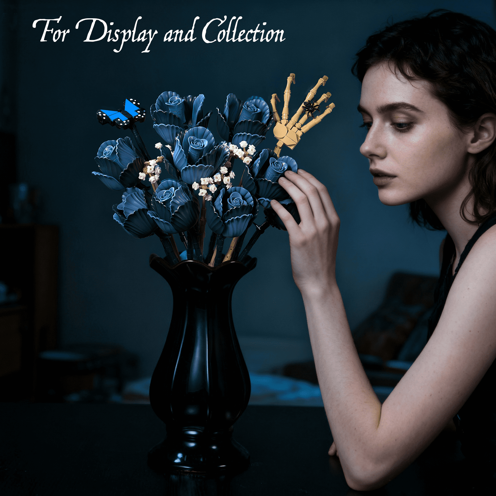BuildingBoat Skull Bouquet Building Block Set Gothic Rose Flower Decor (Blue, 1 Set) xvpv0