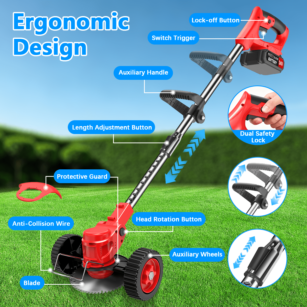 TNTANTS Cordless Electric Weed Wacker, 3-in-1 Grass Trimmer, Edger, and Brush Cutter with 2 Batteries and Wheels (Red, 46.5 in) 04gwl