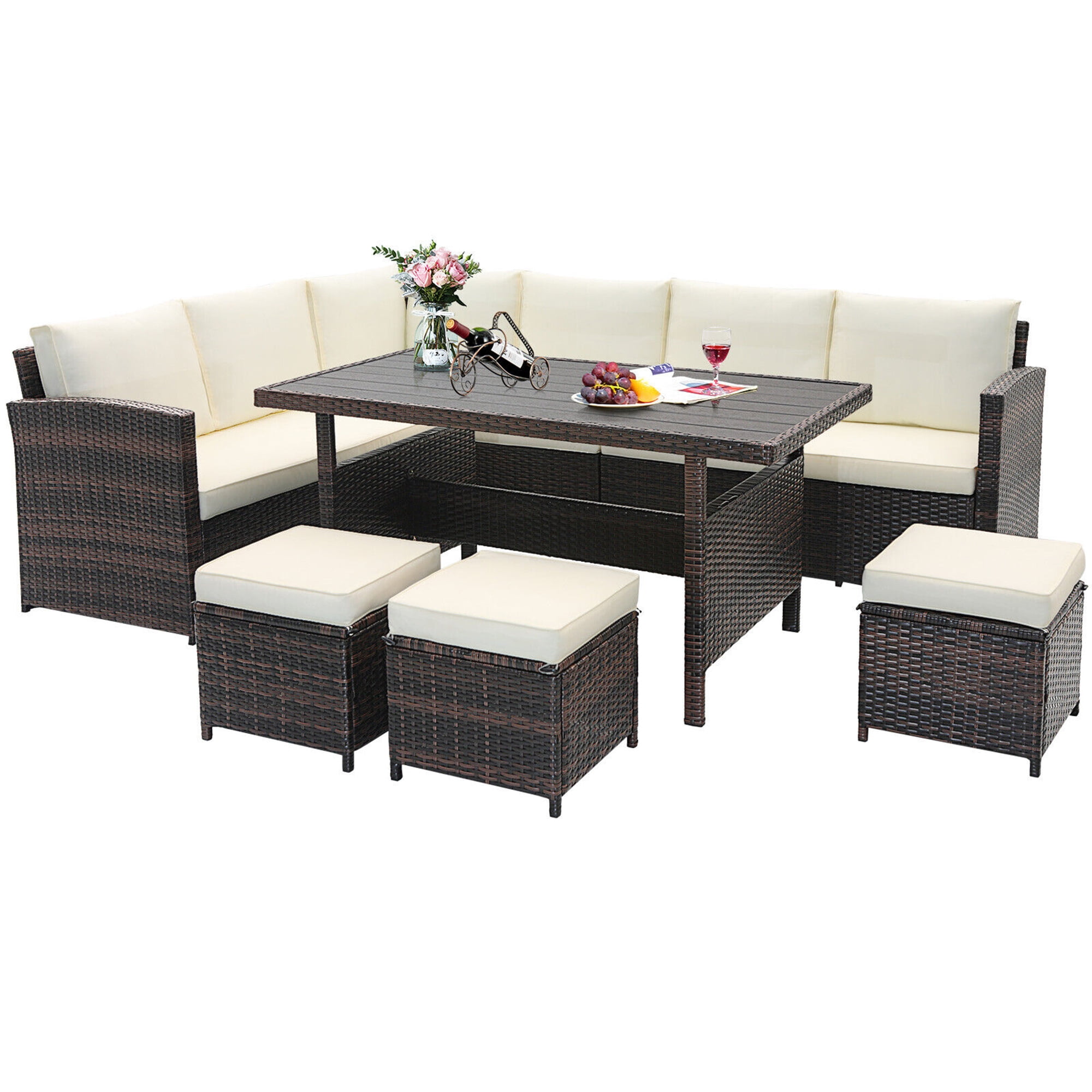 Gymax 7-Piece Wicker Patio Conversation Furniture Set with Cushions (White, 7-Piece) sqvvq