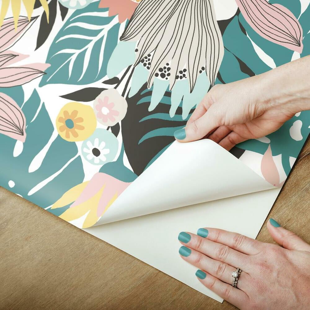 RoomMates Retro Tropical Leaves Peel and Stick Wallpaper (Pink, 20.5 in x 16.5 ft) jncuq