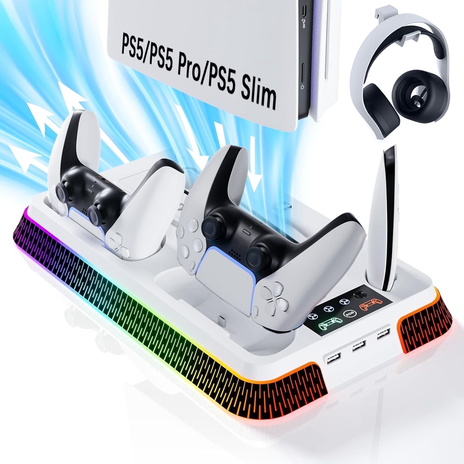 Prociv PS5 Cooling Stand with Dual Controller Charger and Headset Holder (White, 1 Pack) i0993