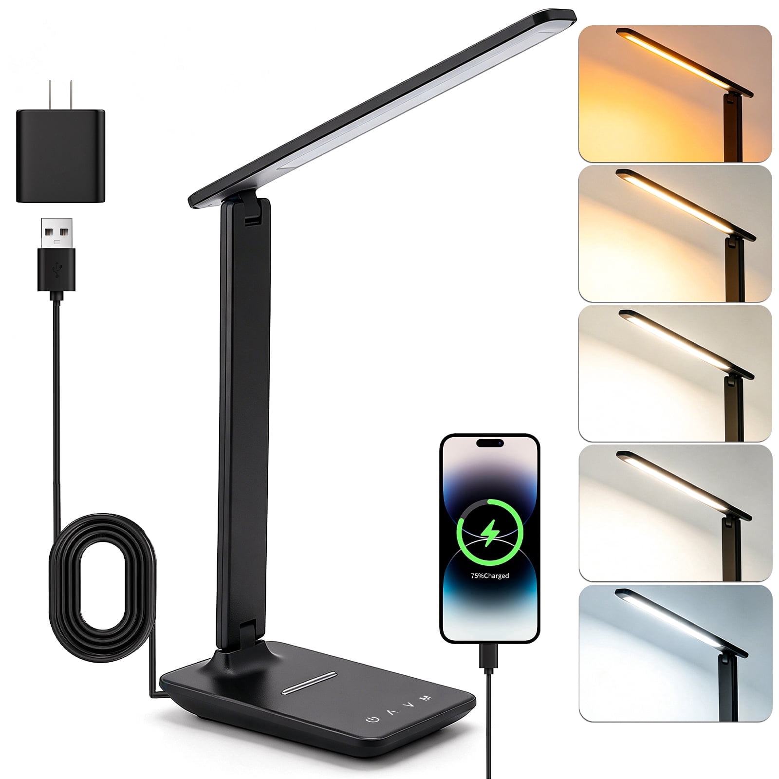 Foukus LED Desk Lamp with USB Charging Port, Dimmable Table Light for Home Office, 5 Color Modes & Touch Control (Matte Black, 15 in) lgqrs