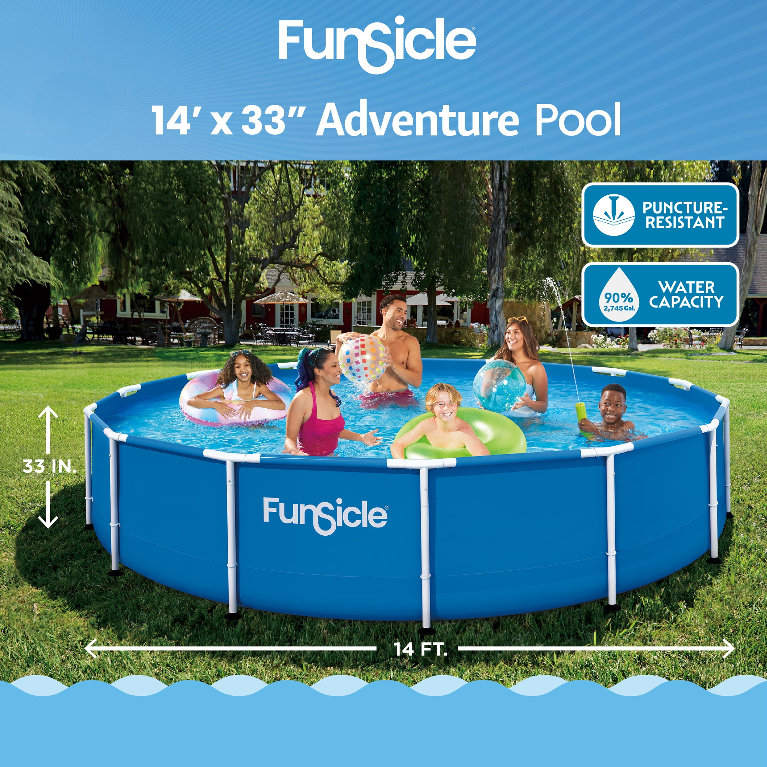 Funsicle Adventure Above Ground Metal Frame Swimming Pool with FiltraBoost Pump and AutoSkimmer (Blue, 14 ft x 33 in) 9nszp