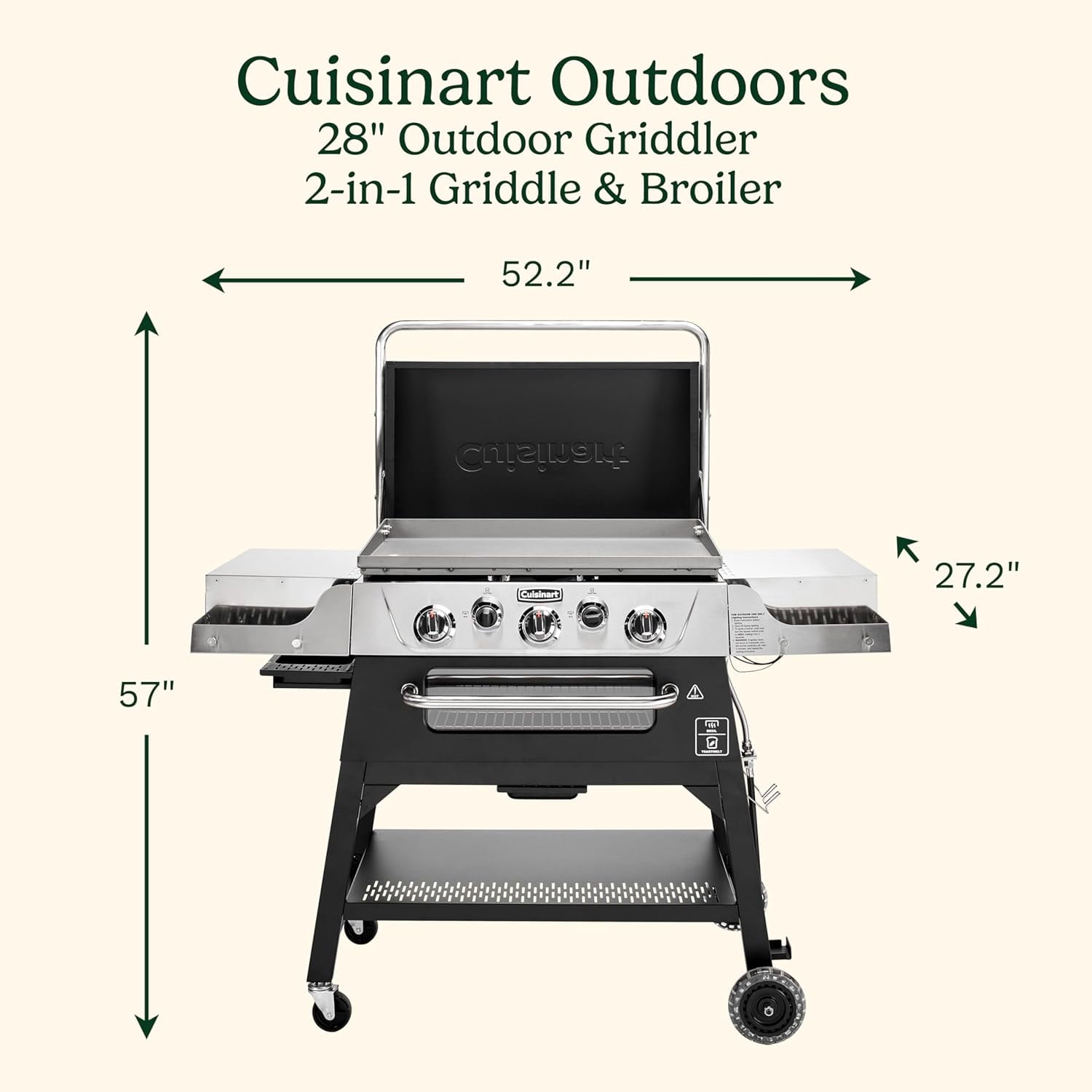 Cuisinart 28 in Outdoor Griddler and Broiler Combo, 2-in-1 Carbon Steel Flat-Top Grill with Hood (Black, 28 in) wvtl0