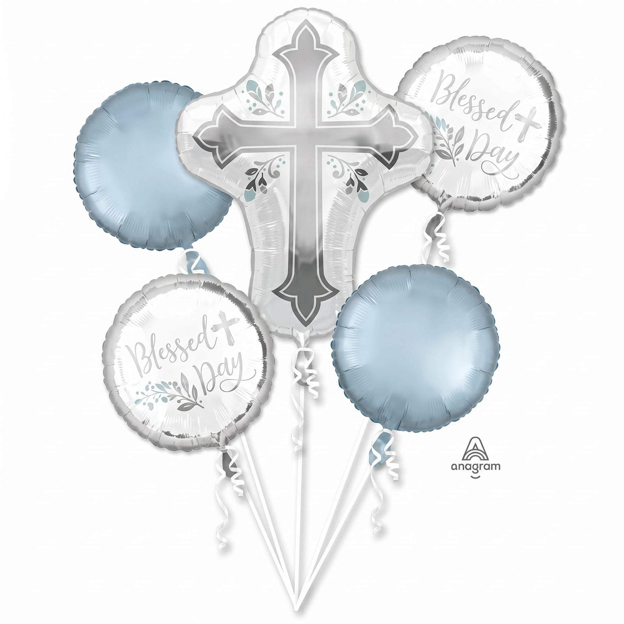 Anagram First Communion Balloon Bouquet (Blue and Silver, 5 Piece Set) 0lapm