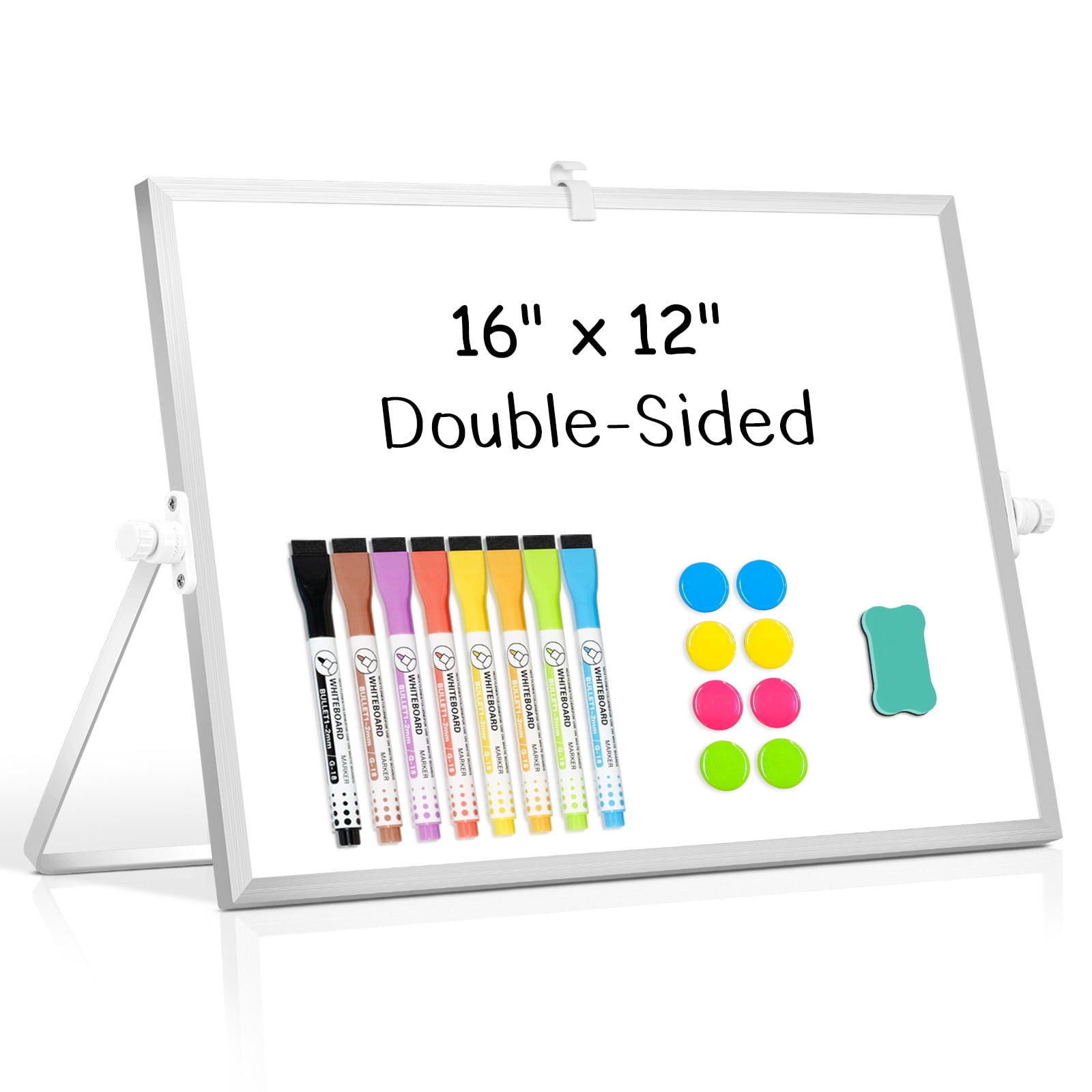 DOLLAR BOSS Magnetic Desktop Whiteboard, Double-Sided Portable Dry Erase Easel with Markers and Magnets (White, 16 in x 12 in) 5cw36