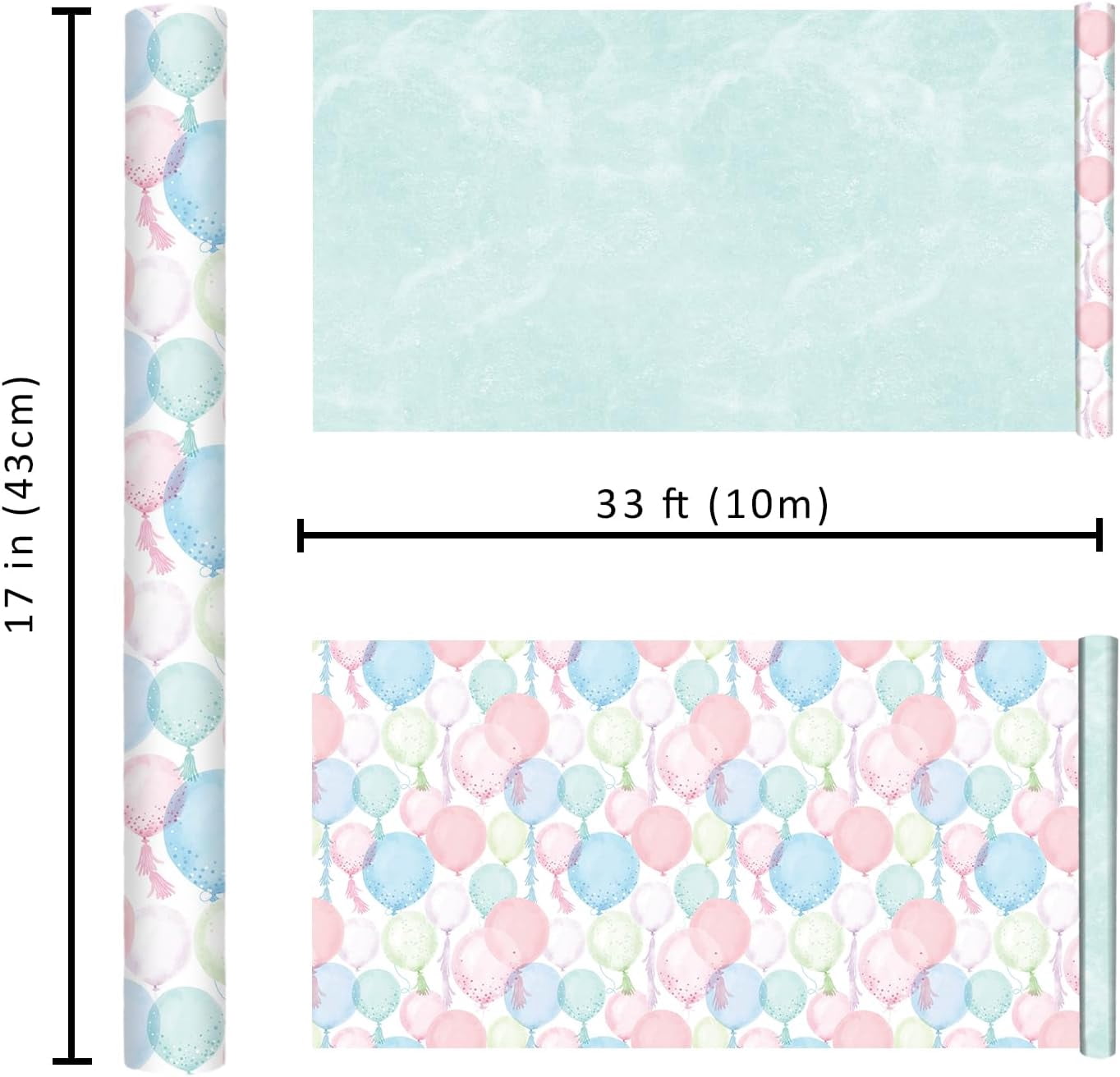Generic Pastel Birthday Wrapping Paper, Watercolor Balloon Confetti Design for Kids and Adults (Multicolor, 17 in x 33 ft) 5ijy8