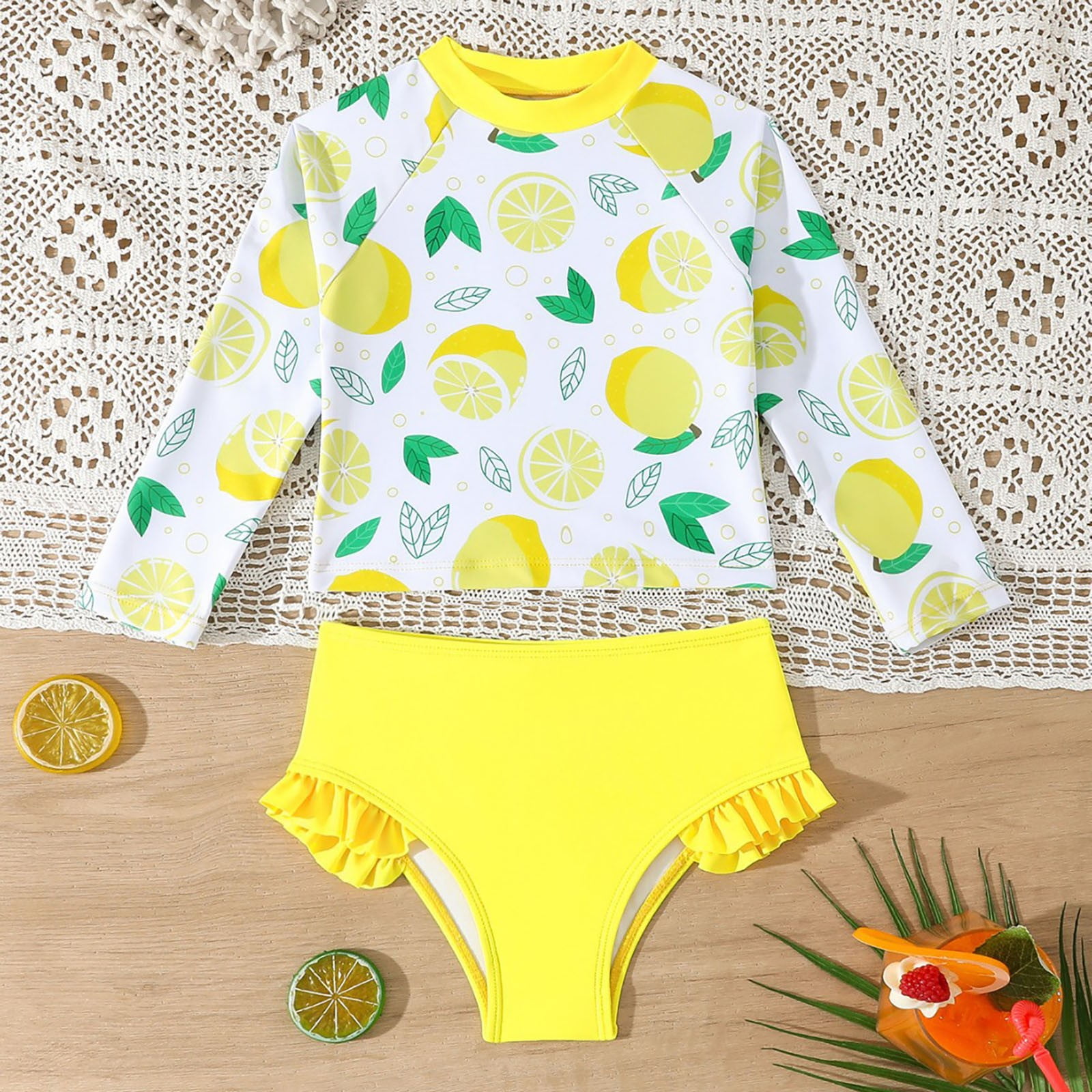 Bobifish Toddler Girls Rash Guard Swimsuit Floral Print Long Sleeve 2-Piece Set (Yellow, 2T) o8vet