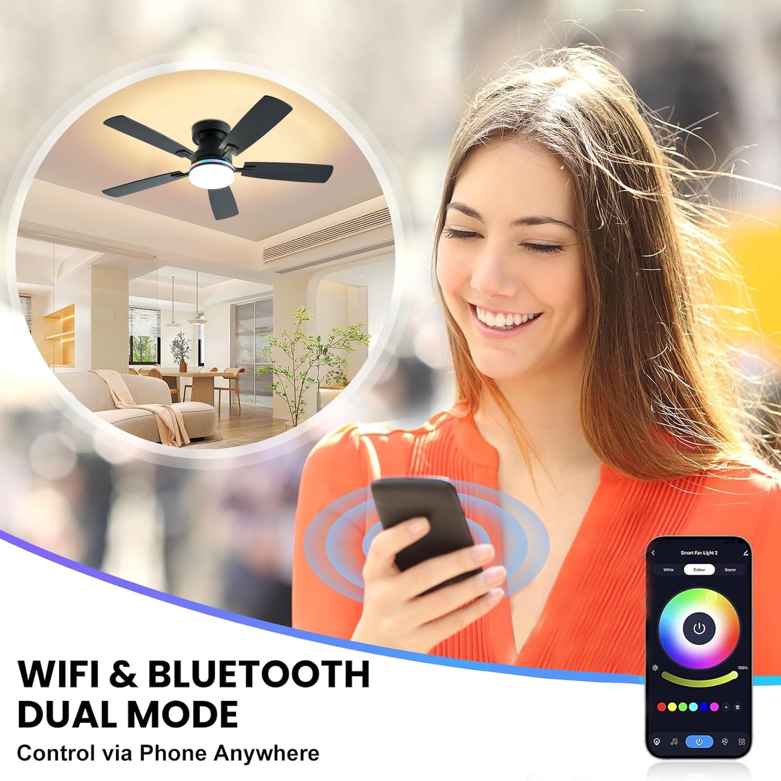 JSAITEE 48 in Low Profile Ceiling Fan with Light and Remote Control (Black, 48 in) 79ydt