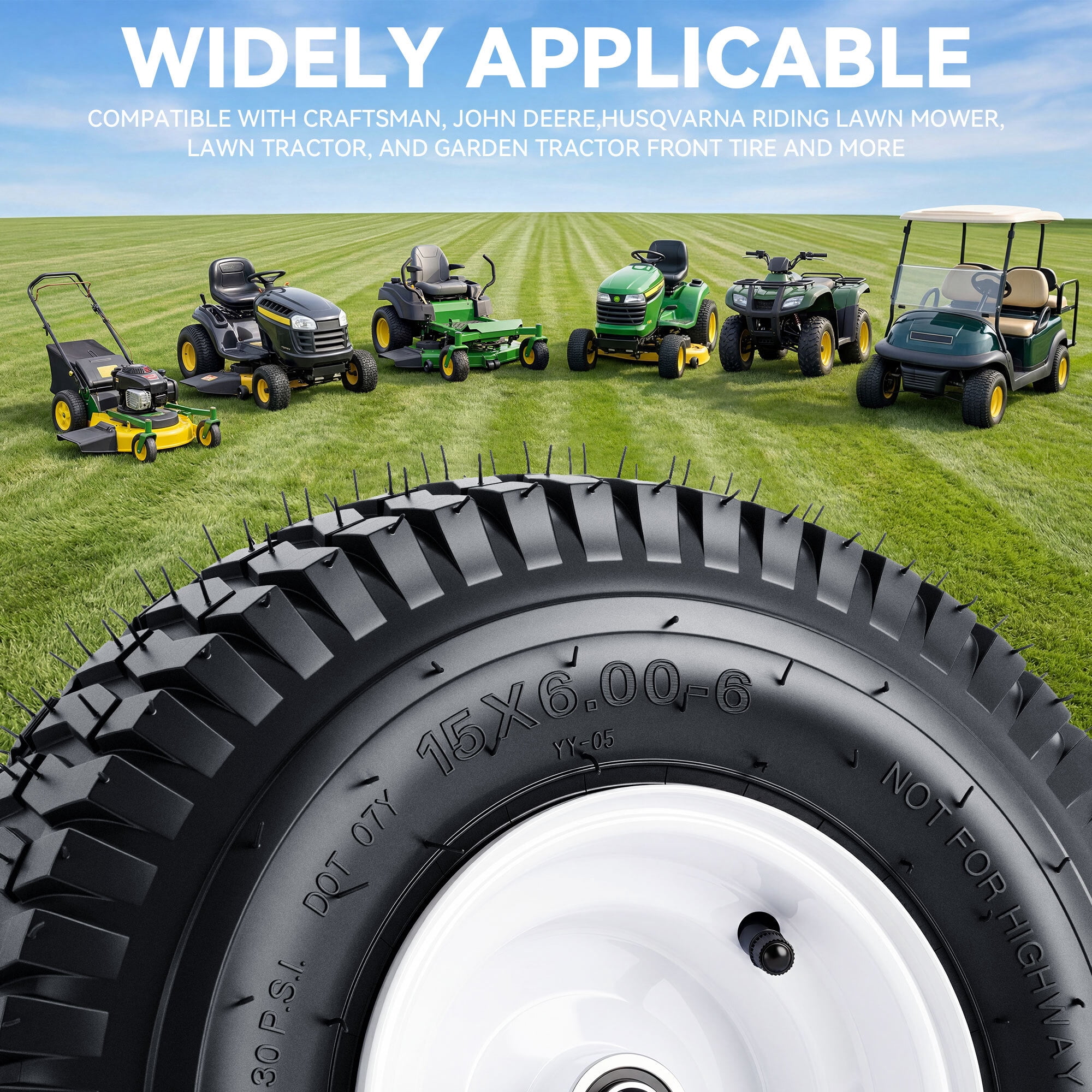 Dextrus 15x6.00-6 Lawn Mower Tire and Wheel Assembly (4-Ply Pneumatic, 3 in Centered Hub, 3/4 in Bearings, Set of 2) pggvs