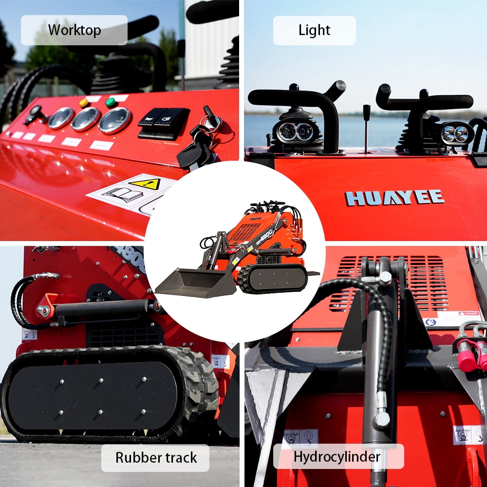 HUAYEE Stand-On Crawler Mini Skid Steer Loader (Red, 1765 lb Lift Capacity) lrm3w