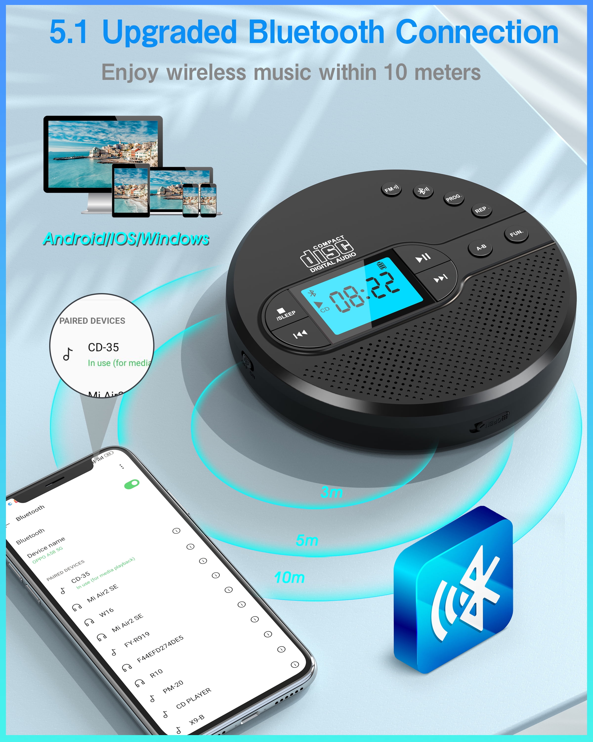 Greadio Portable CD Player with Bluetooth 5.1, Rechargeable Discman for Car and Home (Black) 05g2x - Image 5