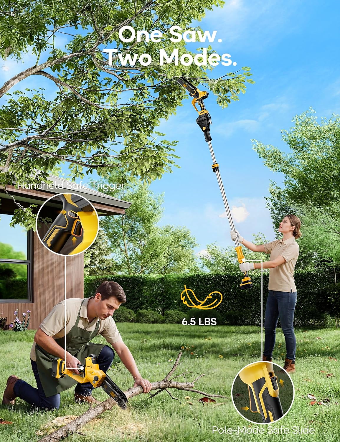 VANQUE 2-in-1 Cordless Pole Saw for DeWalt 20V Max Battery, Brushless 8 in Mini Chainsaw for Tree Trimming (Yellow, 16 ft Reach) 4gsyb