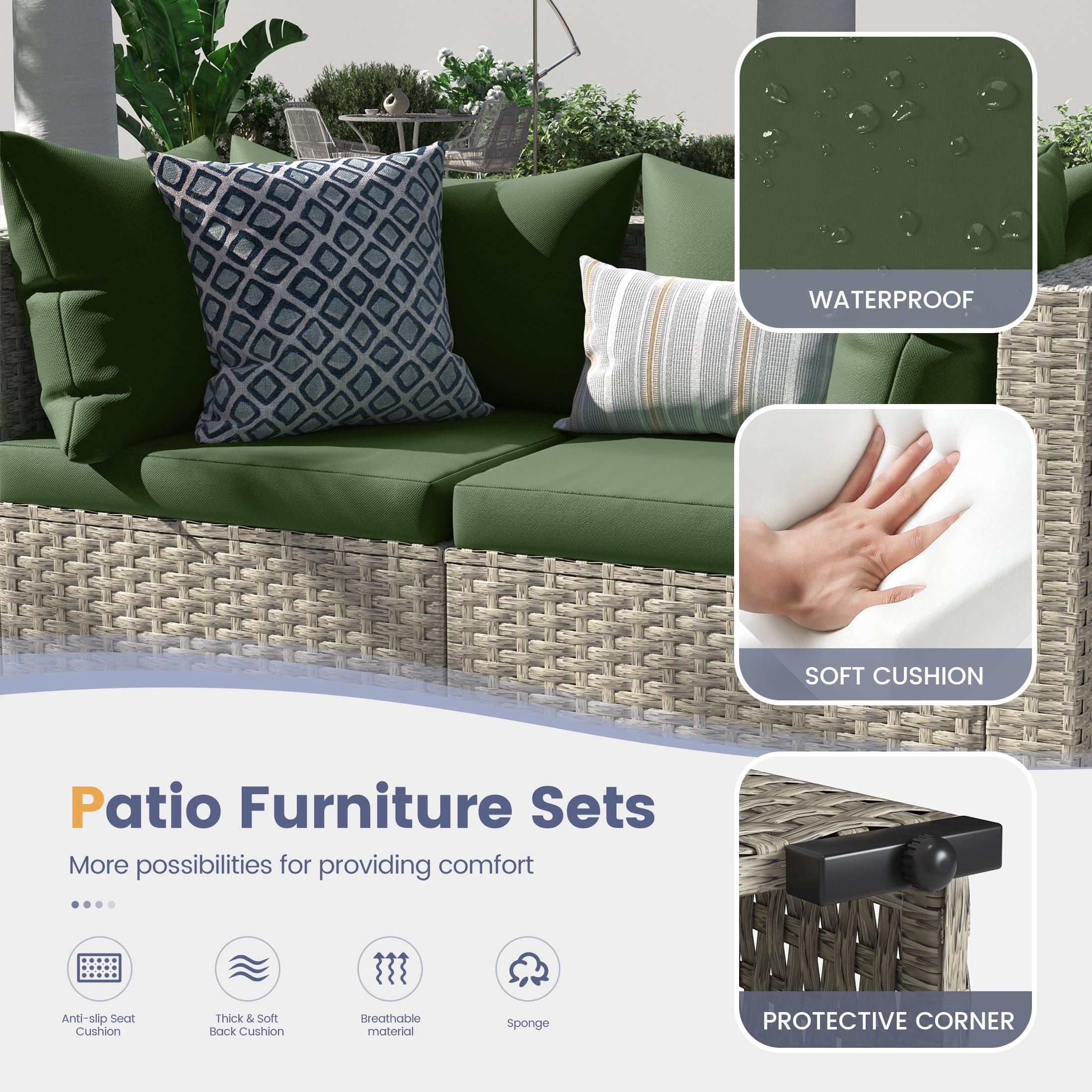UDPATIO 9-Piece Outdoor Wicker Patio Furniture Set with Cushions, Weather-Resistant Conversation Set for Backyard and Garden (Green) y8tz6
