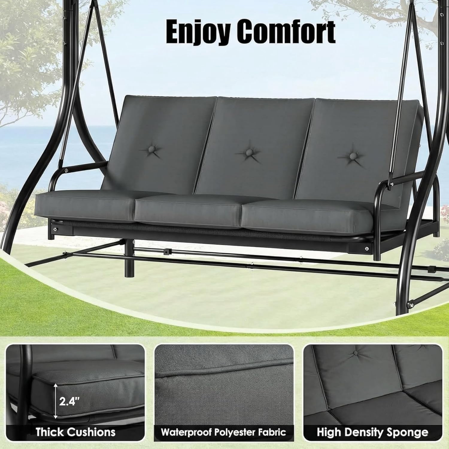 Arlopu 3-Seat Porch Swing, Outdoor Patio Swing Chair with Adjustable Canopy and Removable Cushions (Gray, 57 in) x1s5b