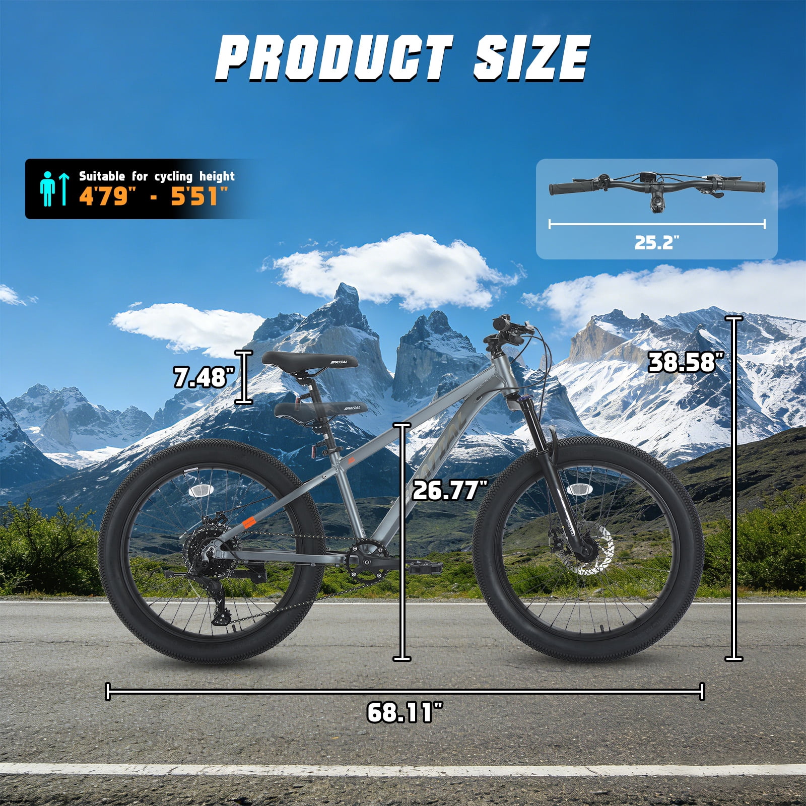 SPATIAL Pro Mountain Bike, All-Terrain Fat Tire Bicycle for Adults and Teens (Grey, 24 in) 3d243