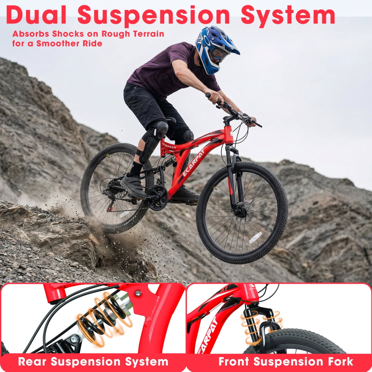 Dcmisas 26-Inch Mountain Bike, 21-Speed Full Suspension Steel Frame with Dual Disc Brakes (Red, 26 in) bi3ug