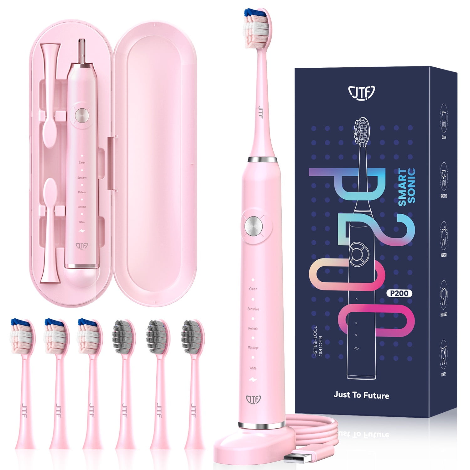 JTF Sonic Electric Toothbrush with Travel Case and 6 Brush Heads (Pink, 1 Pack) ez4fh