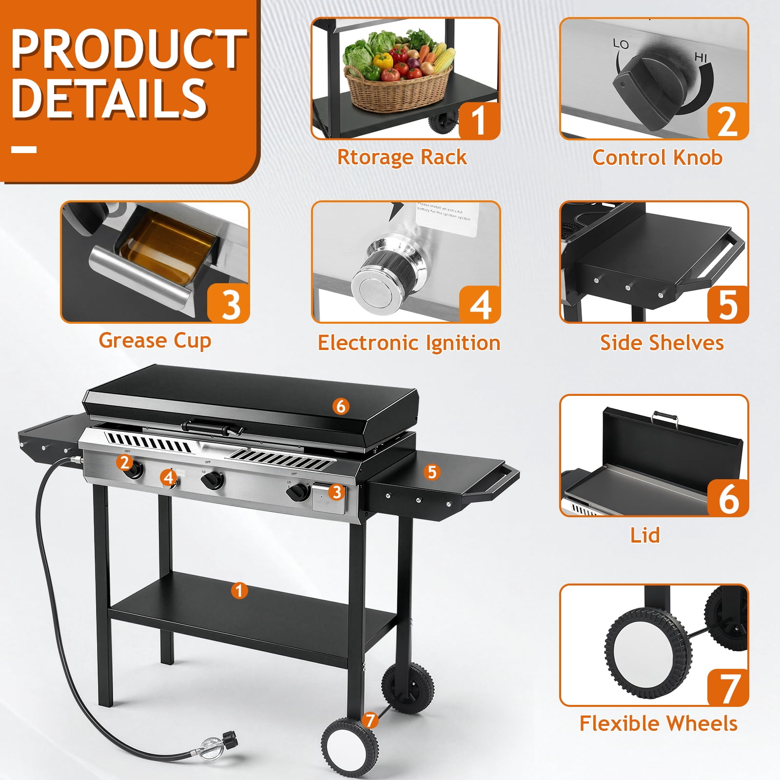 Zintown 3-Burner Outdoor Propane Gas Griddle with Portable Pan and Lid (Black, 58 in x 16.5 in x 51.5 in) r2sfz