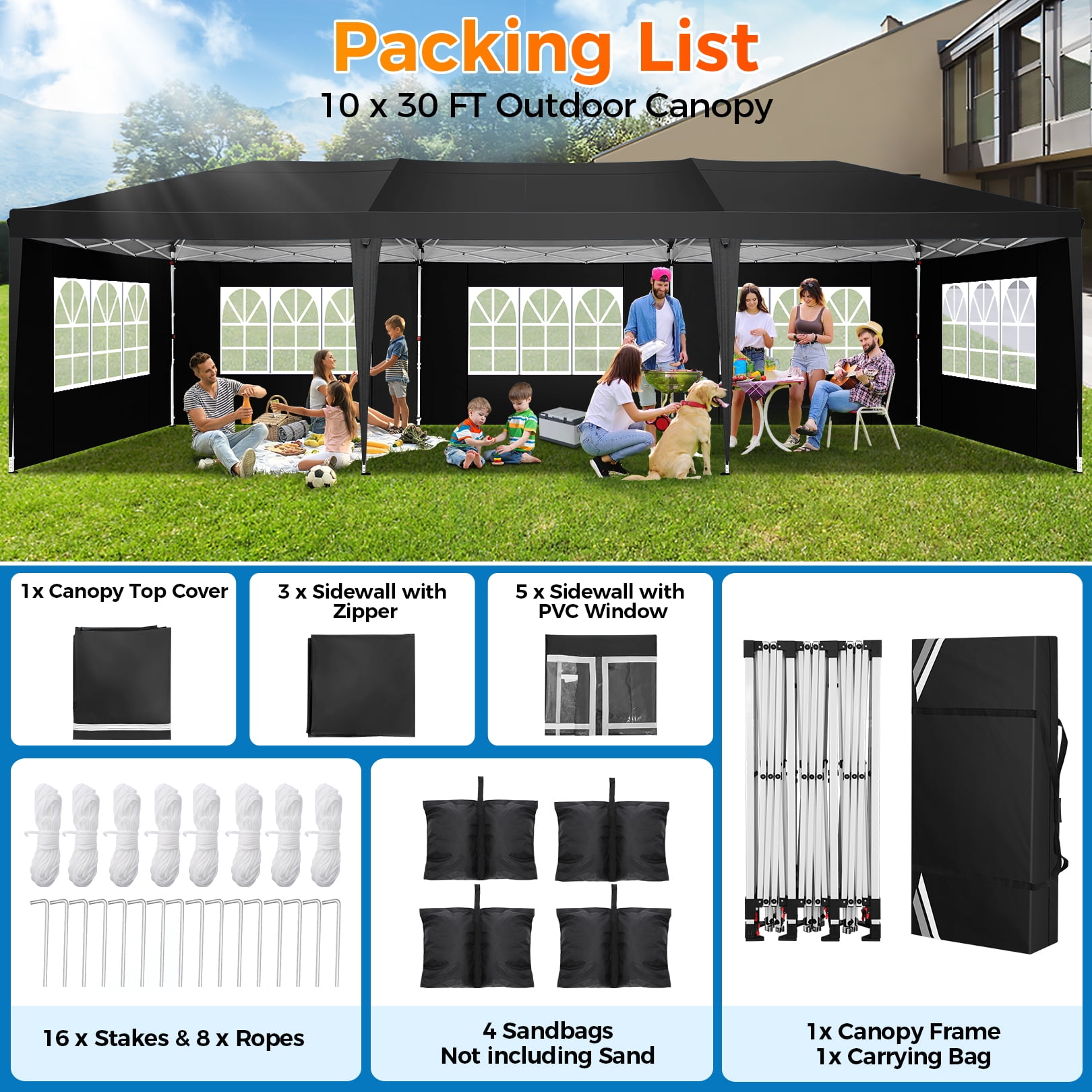 SANOPY 10 x 30 ft Pop Up Canopy Tent, Heavy-Duty Commercial Outdoor Shelter with 8 Removable Sidewalls and Carrying Bag (Black, 10 x 30 ft) oep66