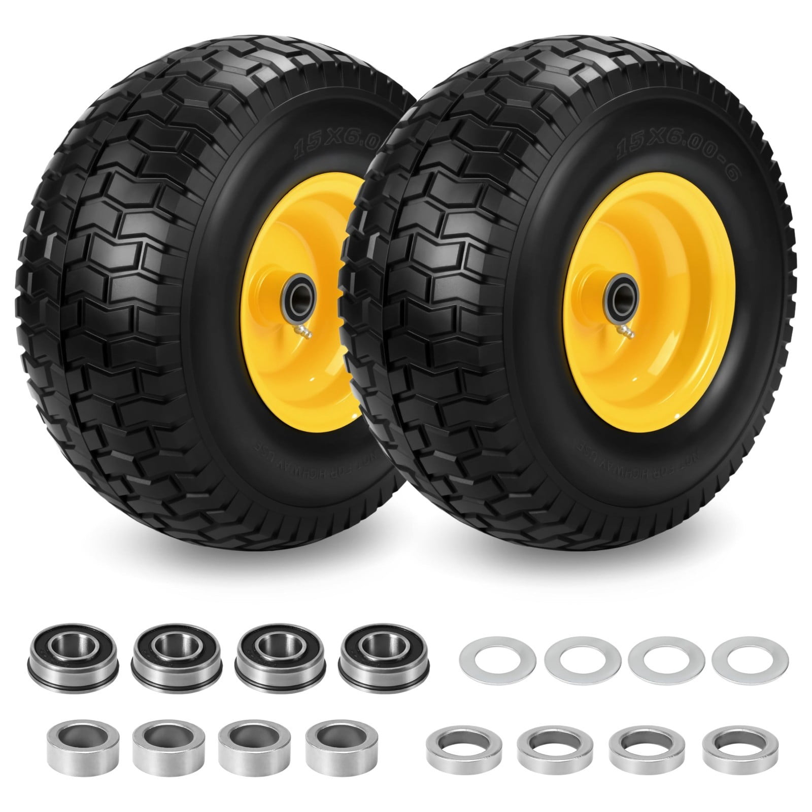 LOTMOVE 15x6.00-6 Flat-Free Lawn Mower Tire and Wheel Assembly (2 Pack, 500 lb Capacity, 3/4 in Bearing) 3uoew