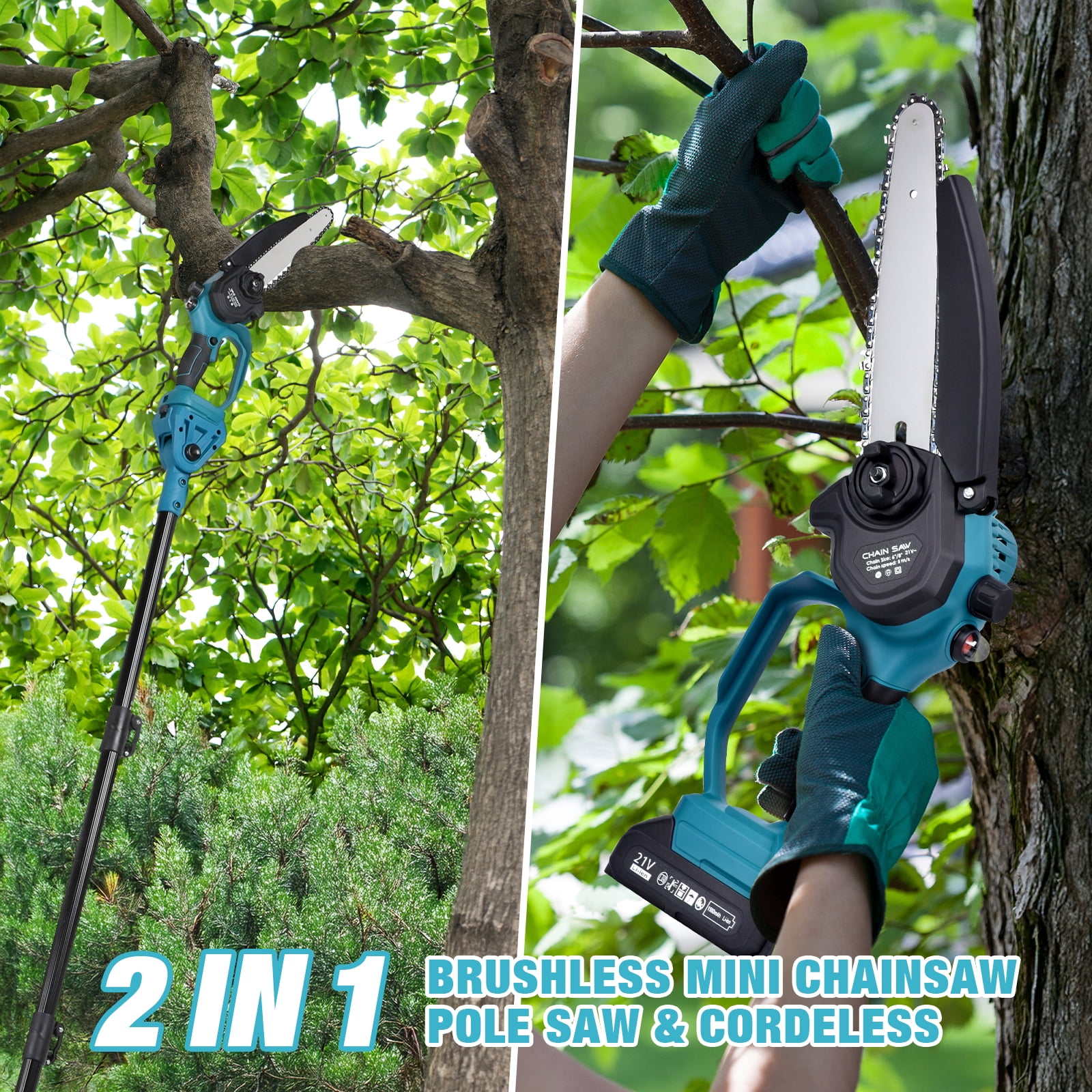 ADVWIN 2-in-1 Cordless Electric Pole Saw and Mini Chainsaw, Telescopic Tree Trimmer with 2 Batteries (Blue, 6 in and 8 in) emgzf