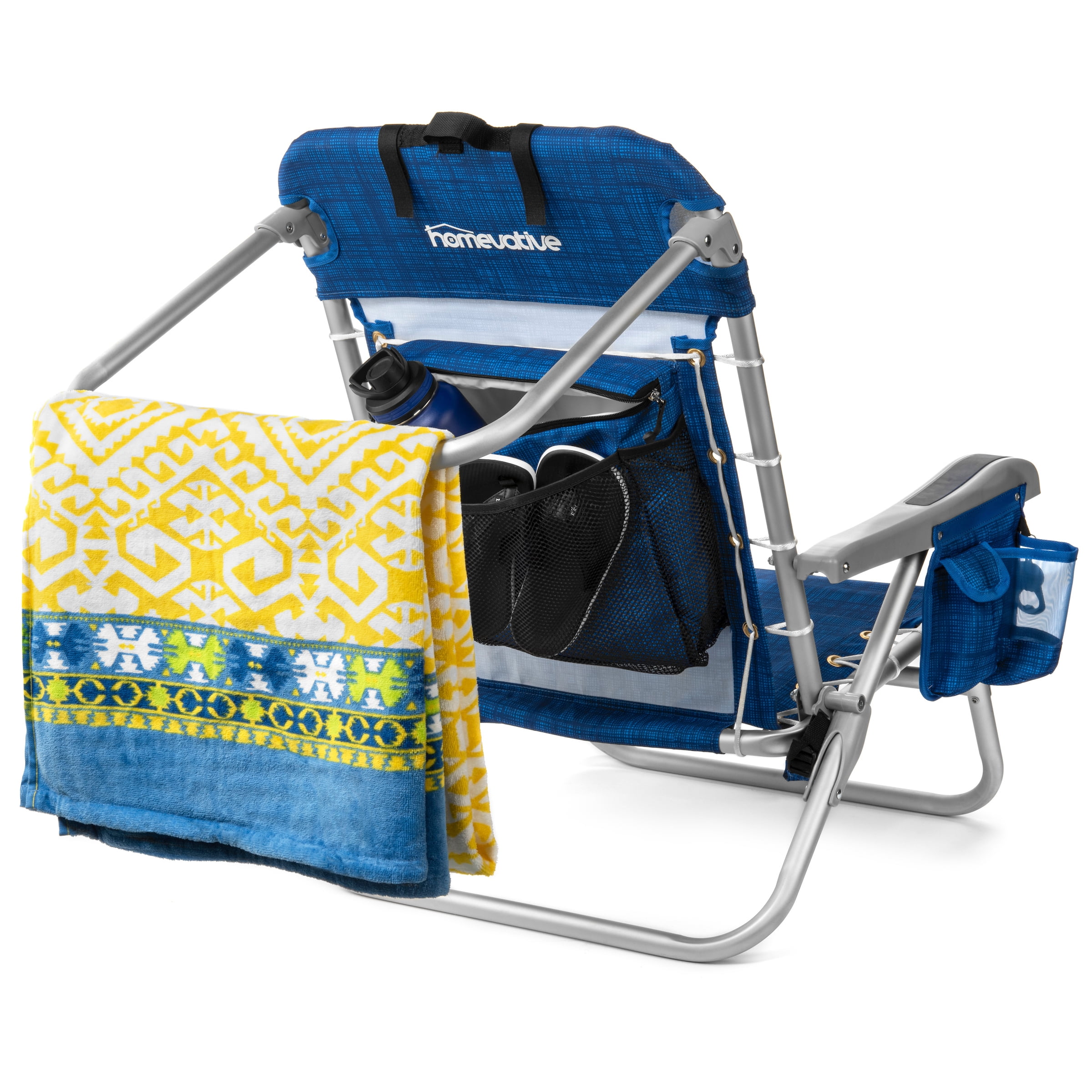 Homevative Cooler+ Folding Backpack Beach Chair, 5-Position Reclining Outdoor Seat with Storage (Blue) mds1g