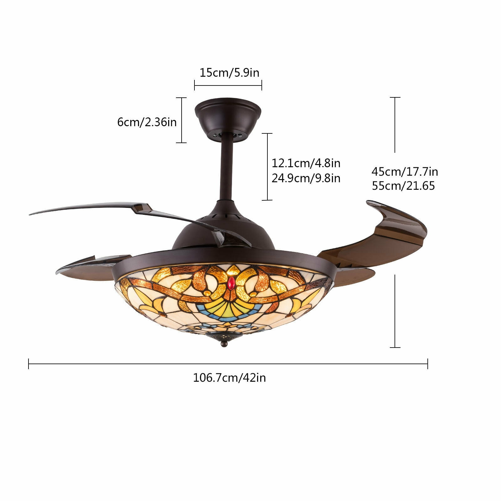 TFCFL 42 in Tiffany Ceiling Fan with LED Light and Retractable Blades (Multicolor, 42 in) or3w6