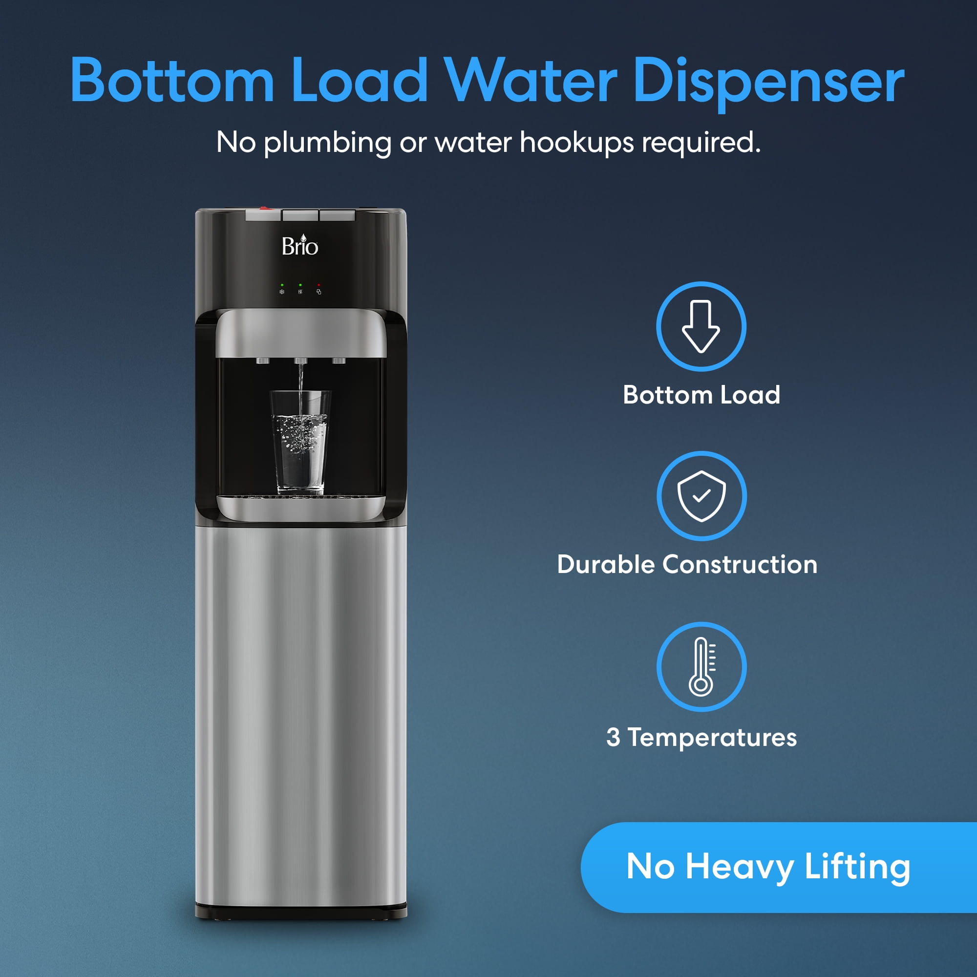 Brio Bottom Load Water Cooler Dispenser with Hot, Cold, and Room Temperature Settings (Silver, 41.4 in) mrpmu