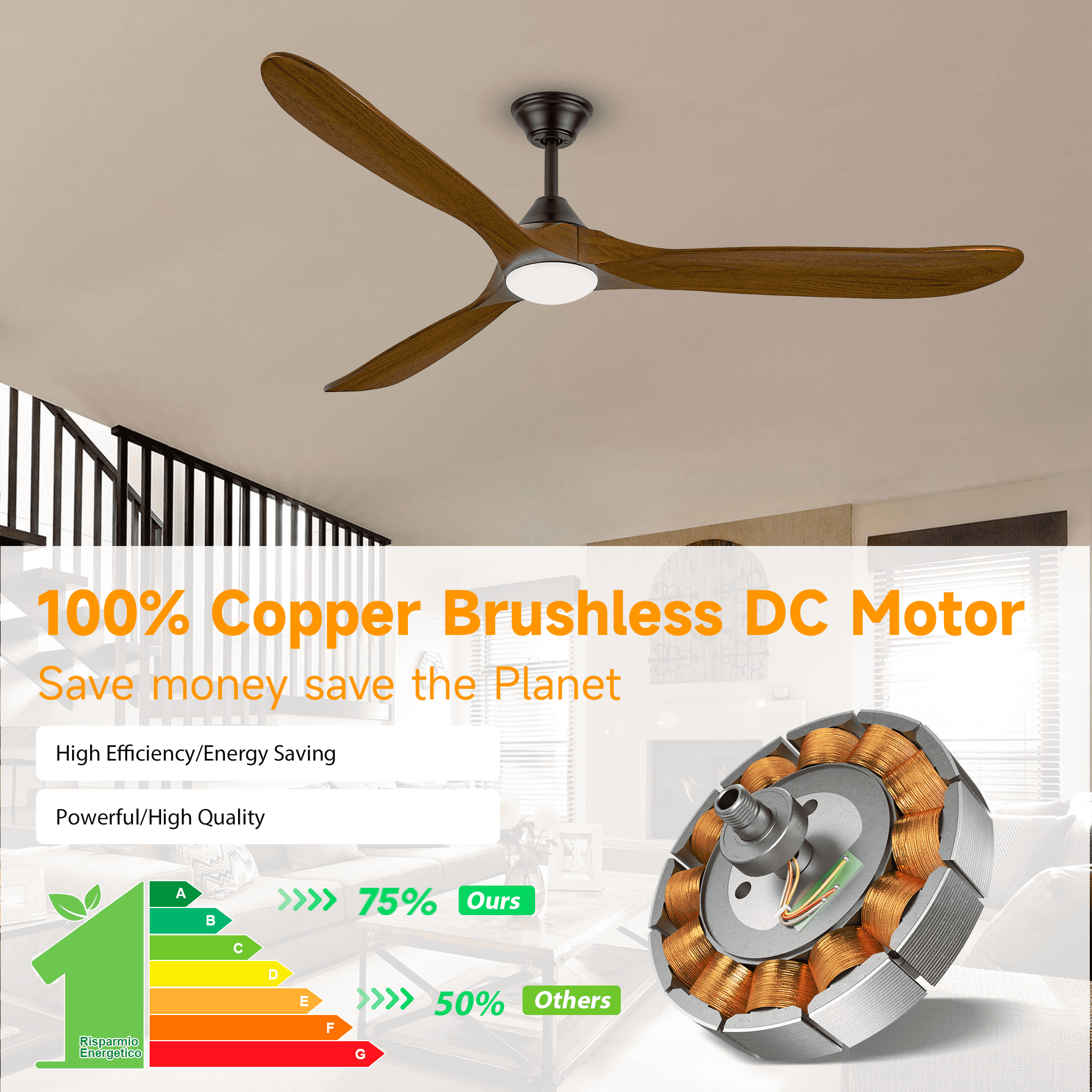 DOOZOLER 60 in Ceiling Fan with LED Light and Remote, 3 Solid Wood Blades, Dimmable Farmhouse Indoor Outdoor Fan (Brown, 60 in) 6gc4b