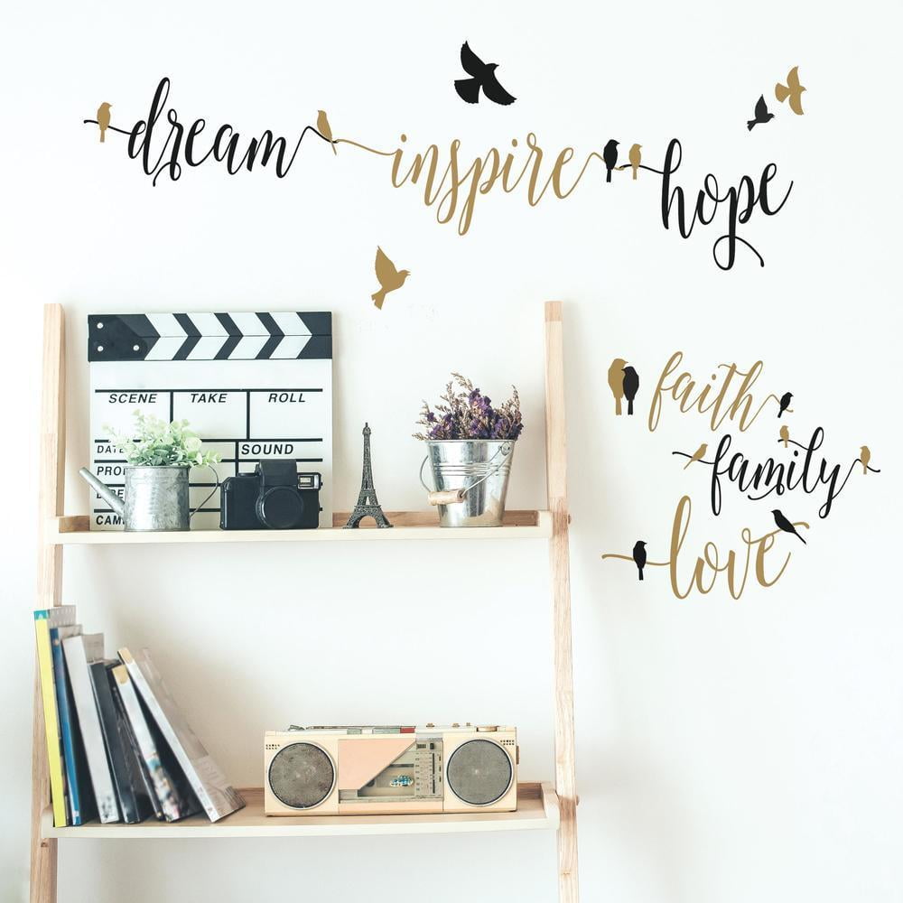RoomMates Inspirational Words with Birds Wall Decals (Gold, 14 in x 5.3 in) k9pbw