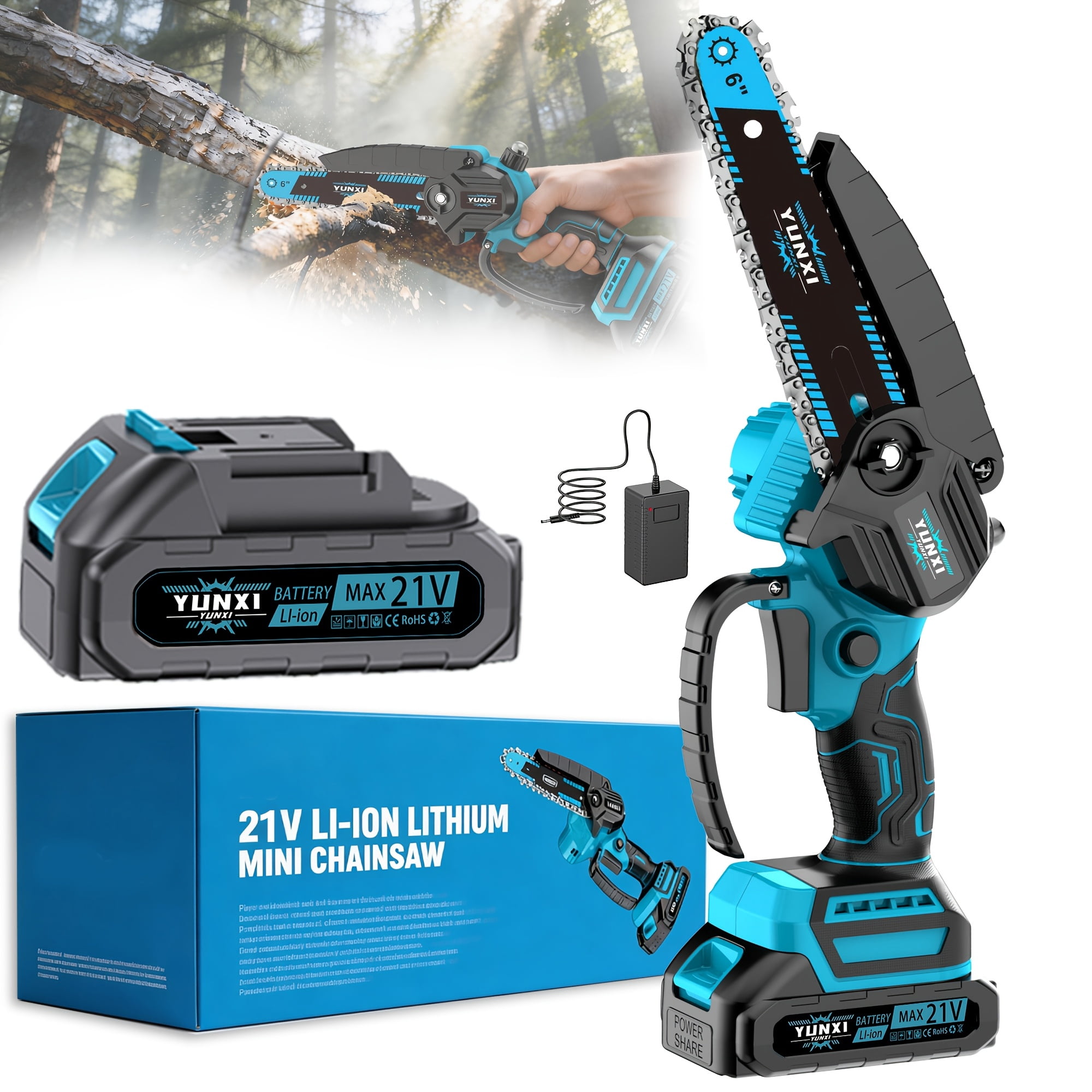 YUNXI 6 Inch Cordless Mini Chainsaw, Electric Handheld Power Saw for Tree Pruning and Garden Wood Cutting (6 in) xyf0j