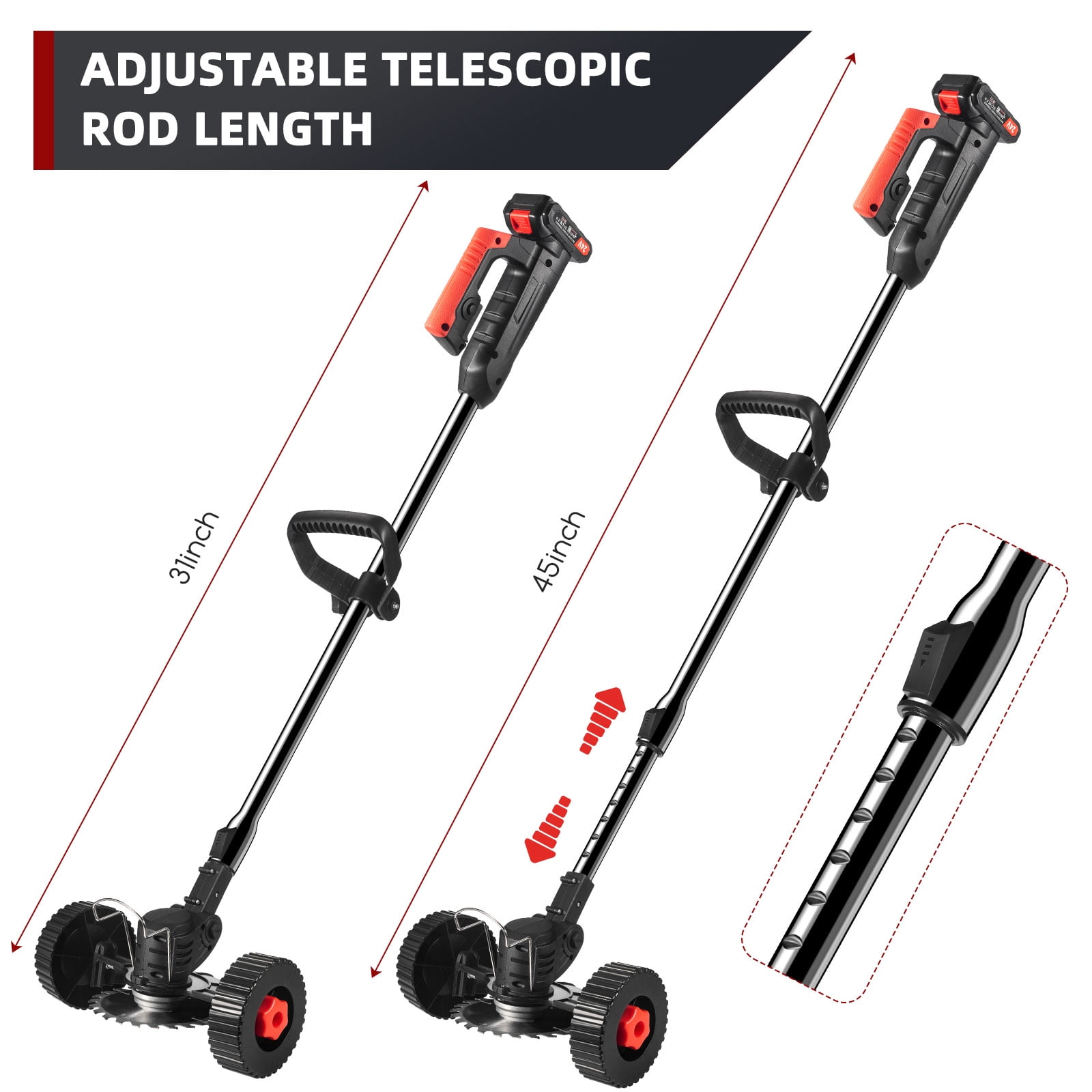 JahyShow Electric Cordless Weed Wacker with Wheels, 3-in-1 String Trimmer Edger and Lawn Mower Tool (Black, 31 in to 45 in) 49htm