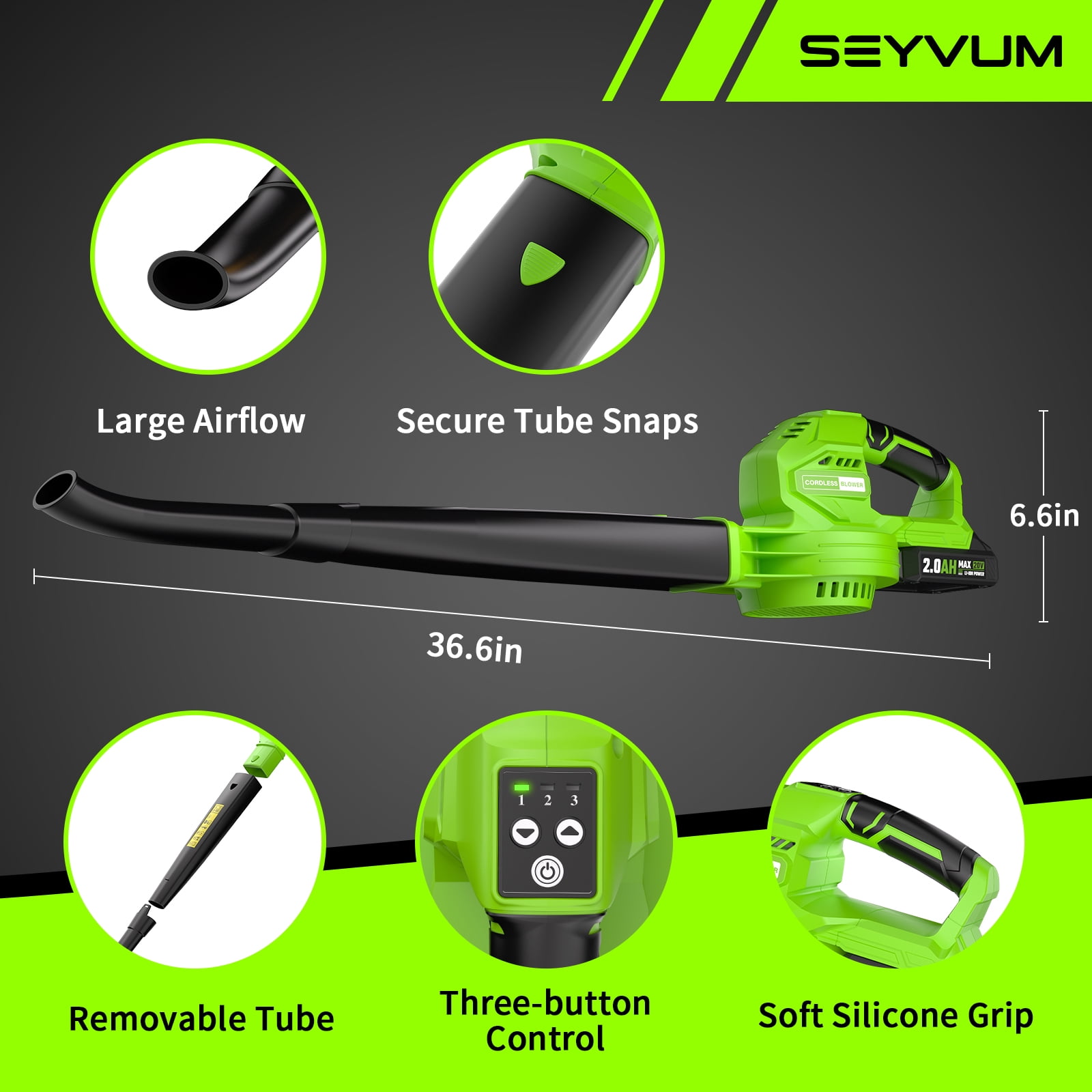 SEYVUM Cordless Leaf Blower, 20V Electric Power Sweeper with 2 Batteries and Charger (Green, 3.3 lb) 6f1w6