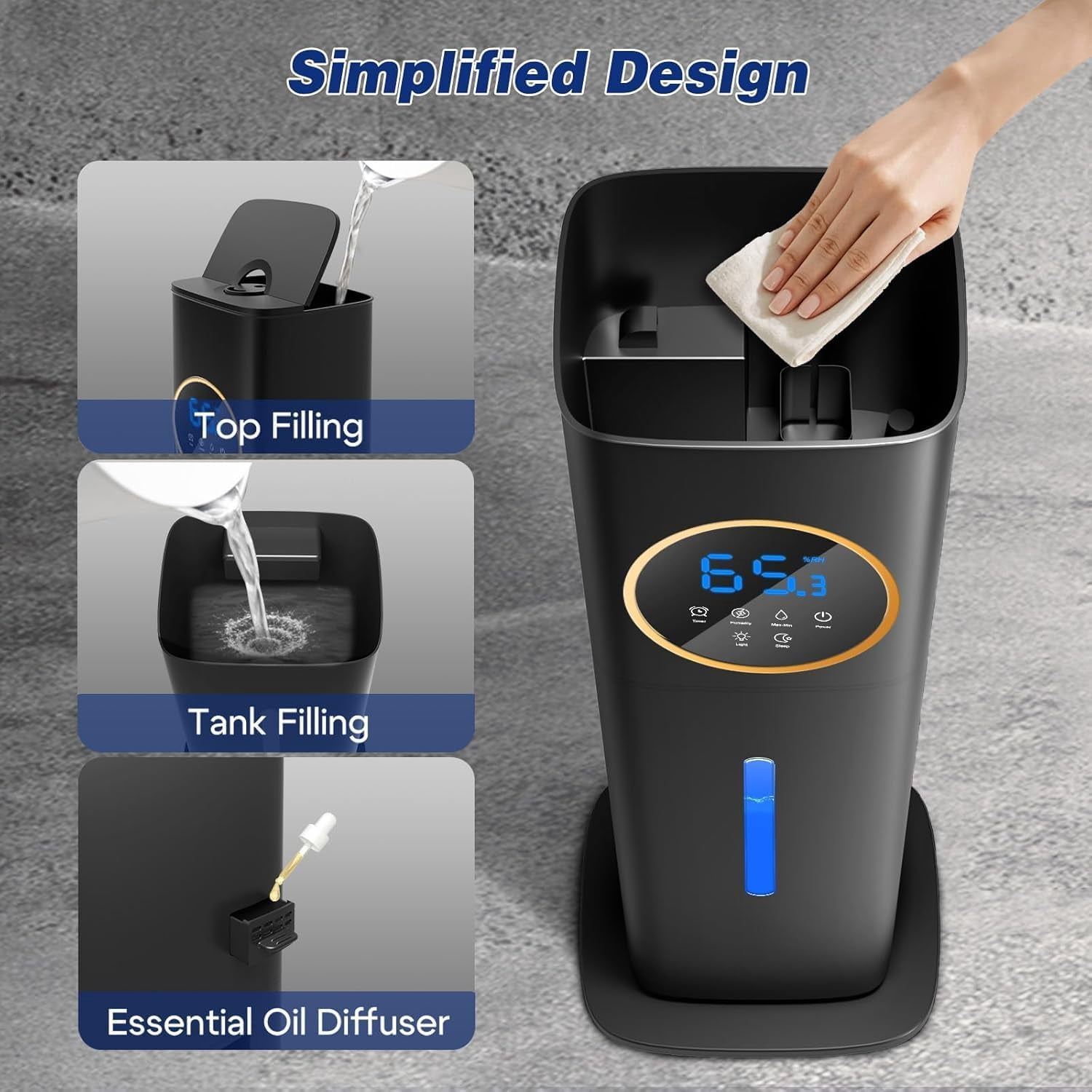 Lacidoll Cool Mist Humidifier for Large Room, Ultrasonic Air Humidifier with Essential Oil Diffuser and Digital Display (Black, 2.1 gal) 3vn38
