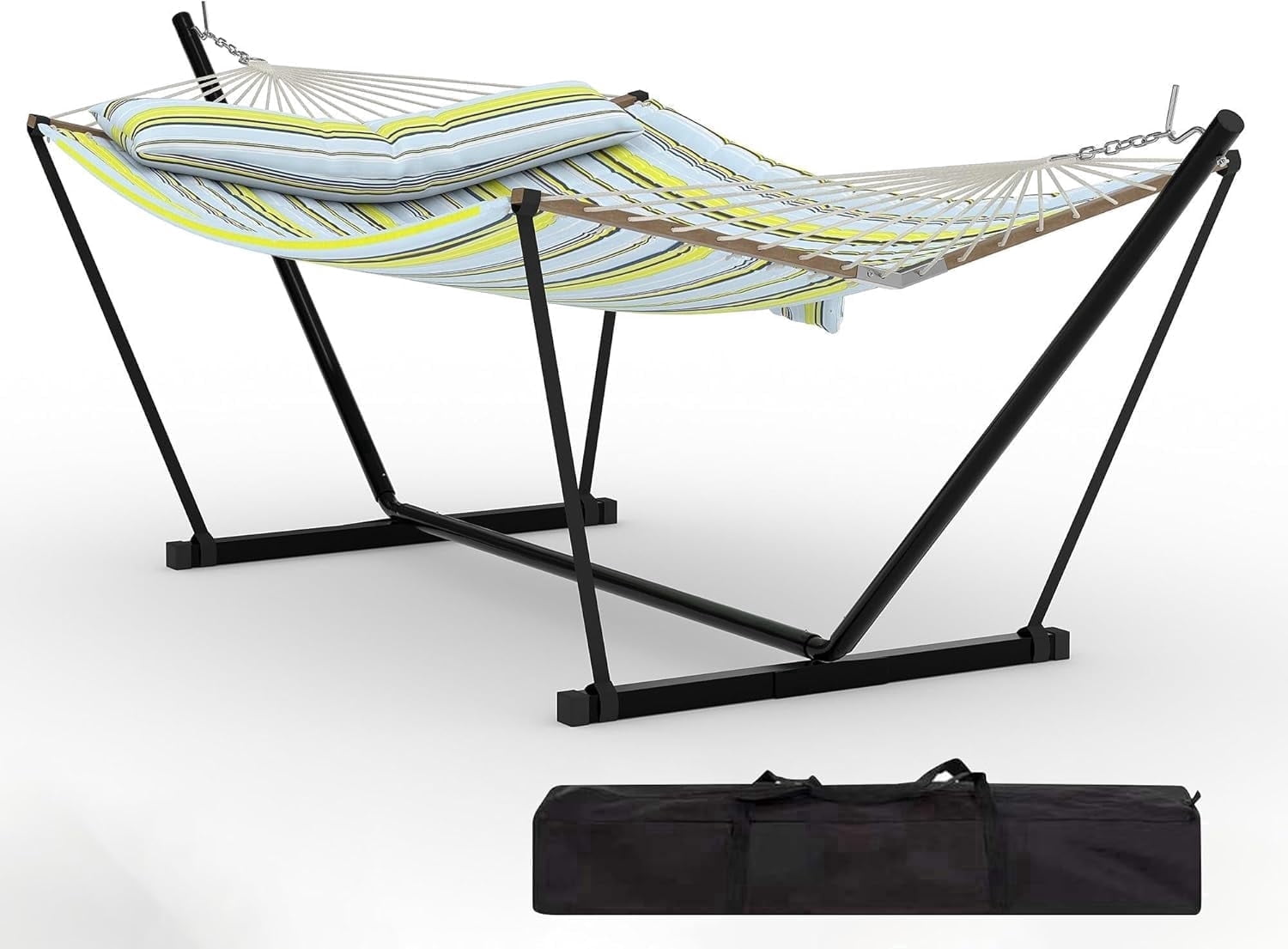 GARVEE Double Hammock with Stand, Heavy-Duty Outdoor Swing Bed with Adjustable Steel Frame (Blue & Green Stripes, 143.7 in) 9i0ty