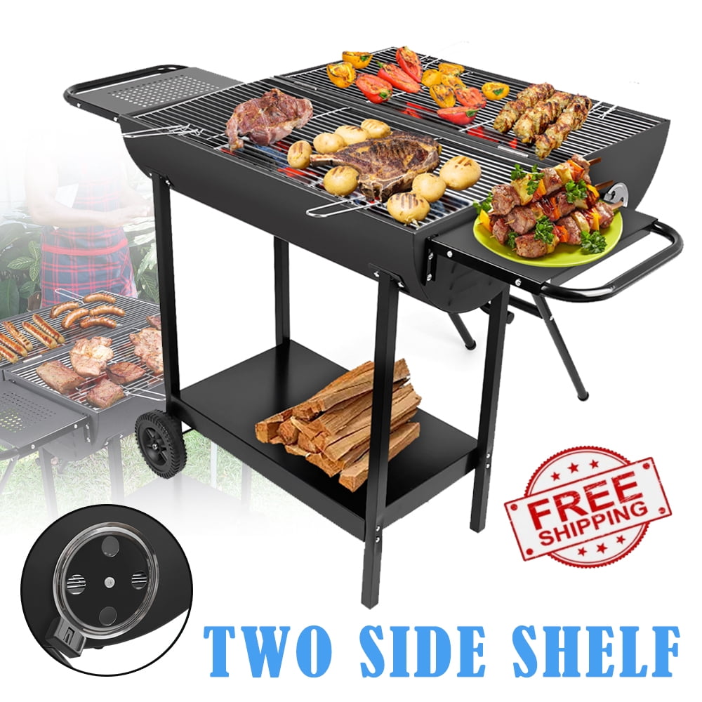 Linsen-Outdoors Double Charcoal Barrel Grill with Dual Side Shelves (Black, Large) 5yds8