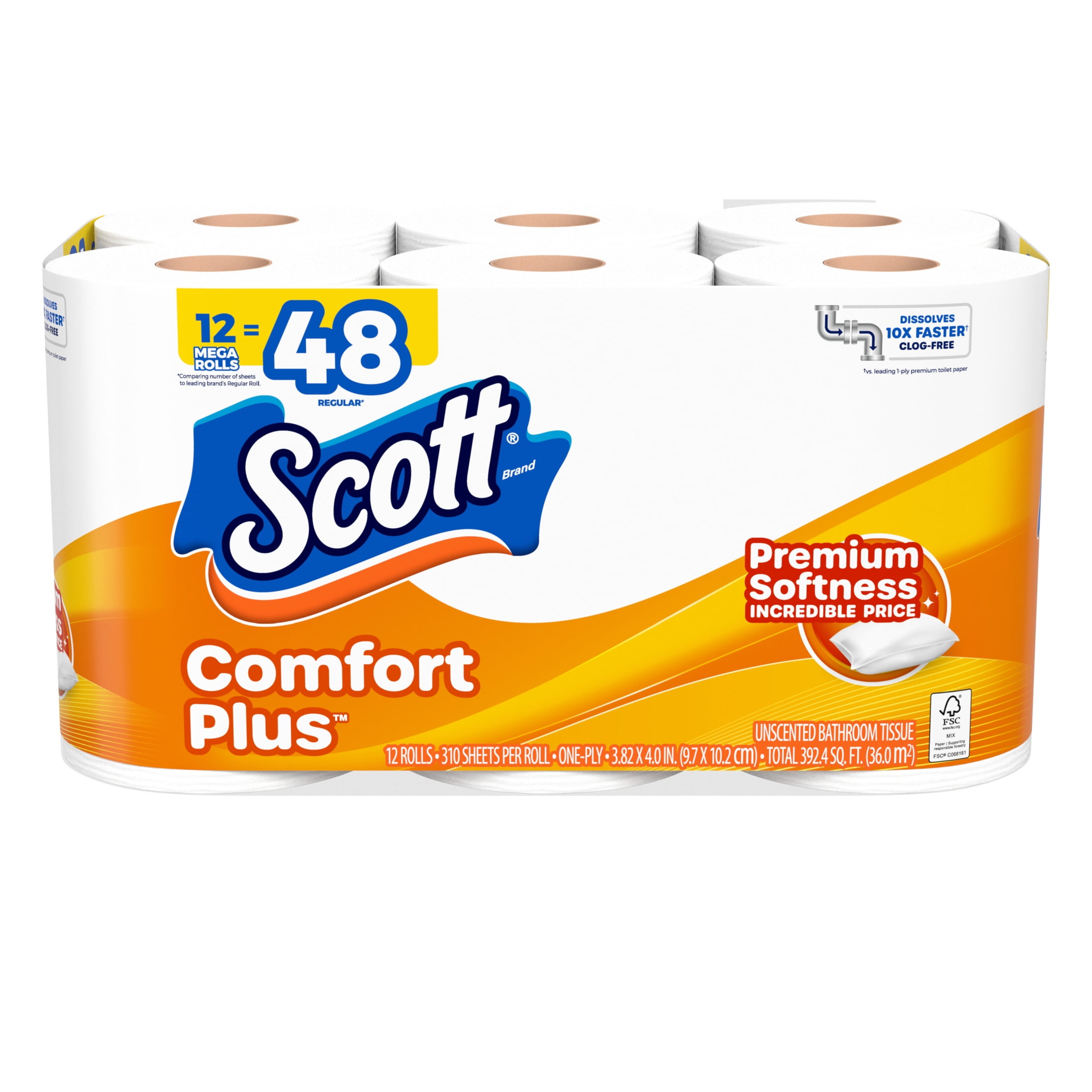 Scott ComfortPlus Toilet Paper, 1-Ply Bath Tissue (12 Mega Rolls) 82axf