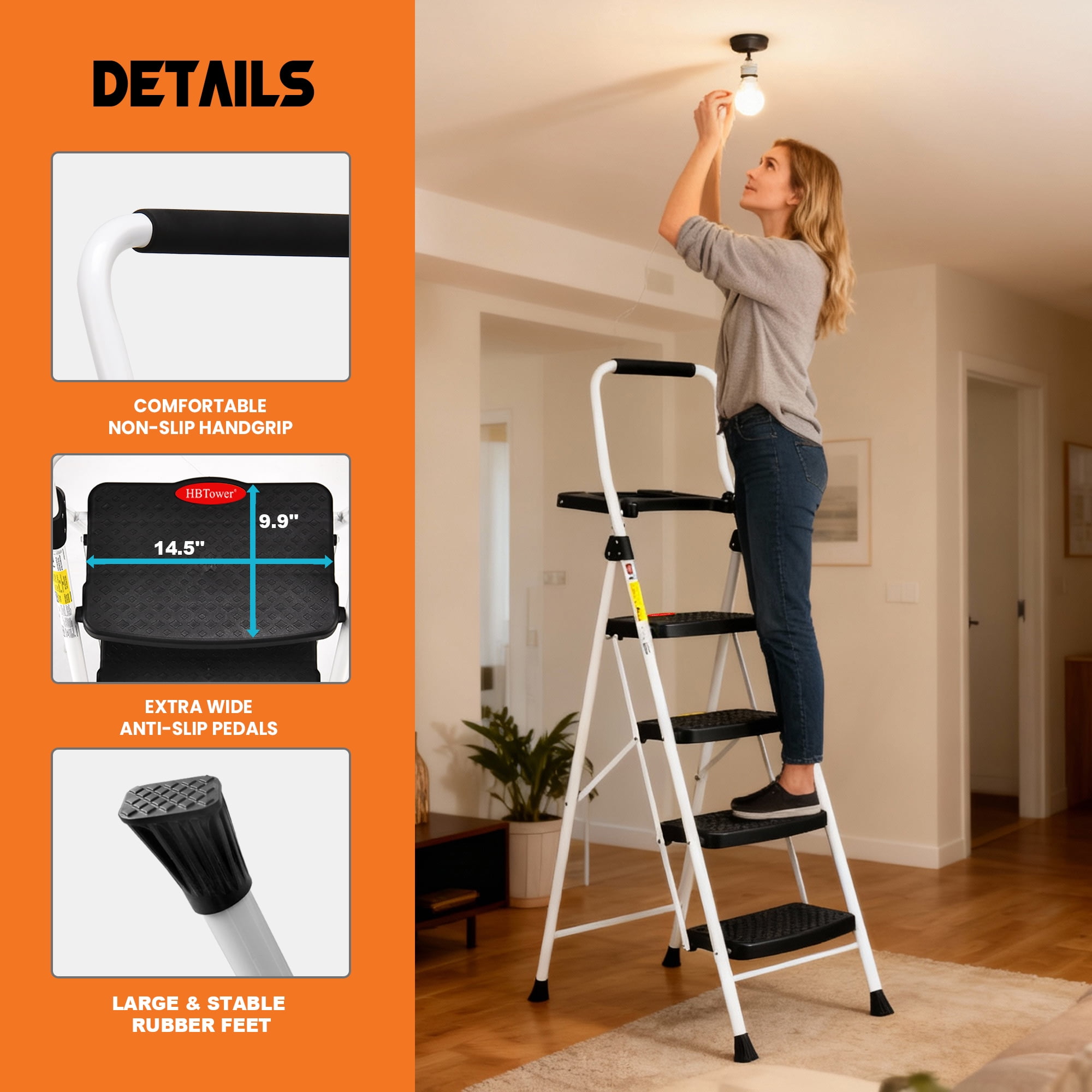 HBTower 4-Step Folding Ladder with Tool Tray and Anti-Slip Pedals (White, 330 lb Capacity) uzmnt