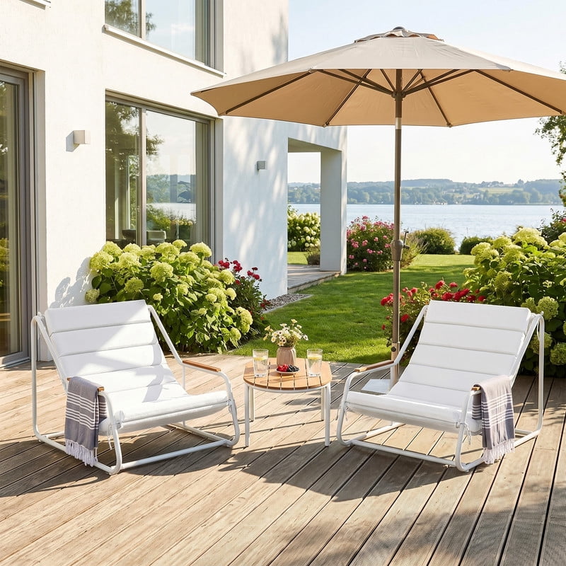 Vineego 3-Piece Outdoor Patio Conversation Bistro Set with Acacia Wood Side Table and Weather-Resistant Lounge Chairs (White, 3-Piece Set) 4ktxd