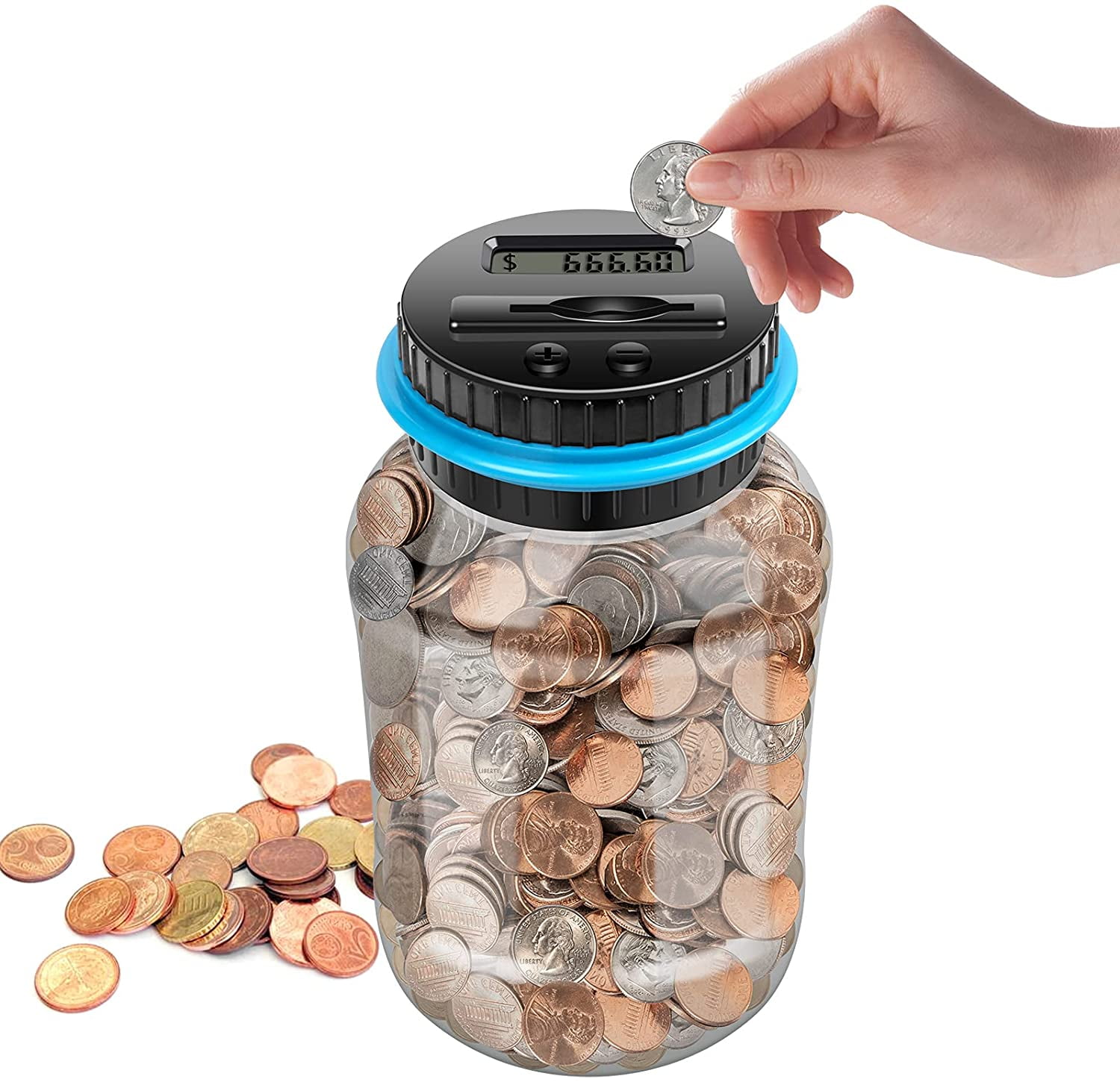 QISHI Digital Piggy Bank with LCD Coin Counter, Large Capacity Savings Jar for US Coins (Blue, 1.8 L) vikqj