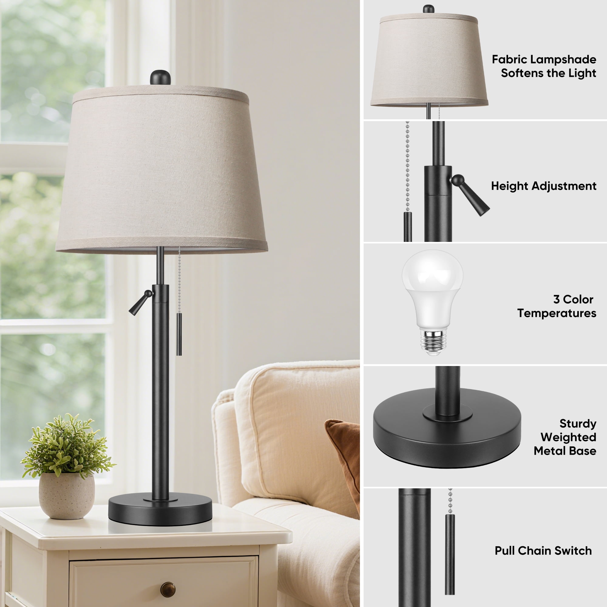 Litupuer Height Adjustable Table Lamp Set (22 in to 30 in, Black, 2 Pack) wwagh