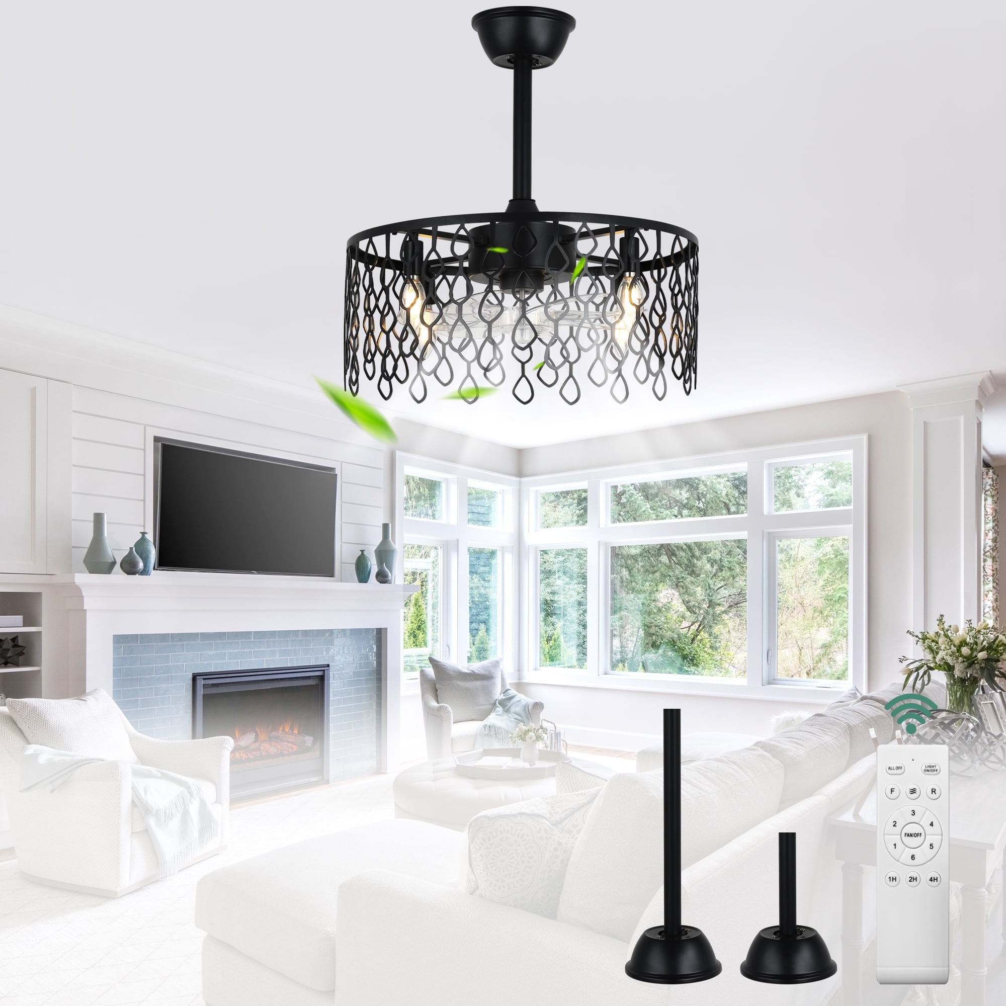 Cusp Barn Industrial Bladeless Caged Ceiling Fan with Light and Remote Control (Black, 19 in) qt5eq