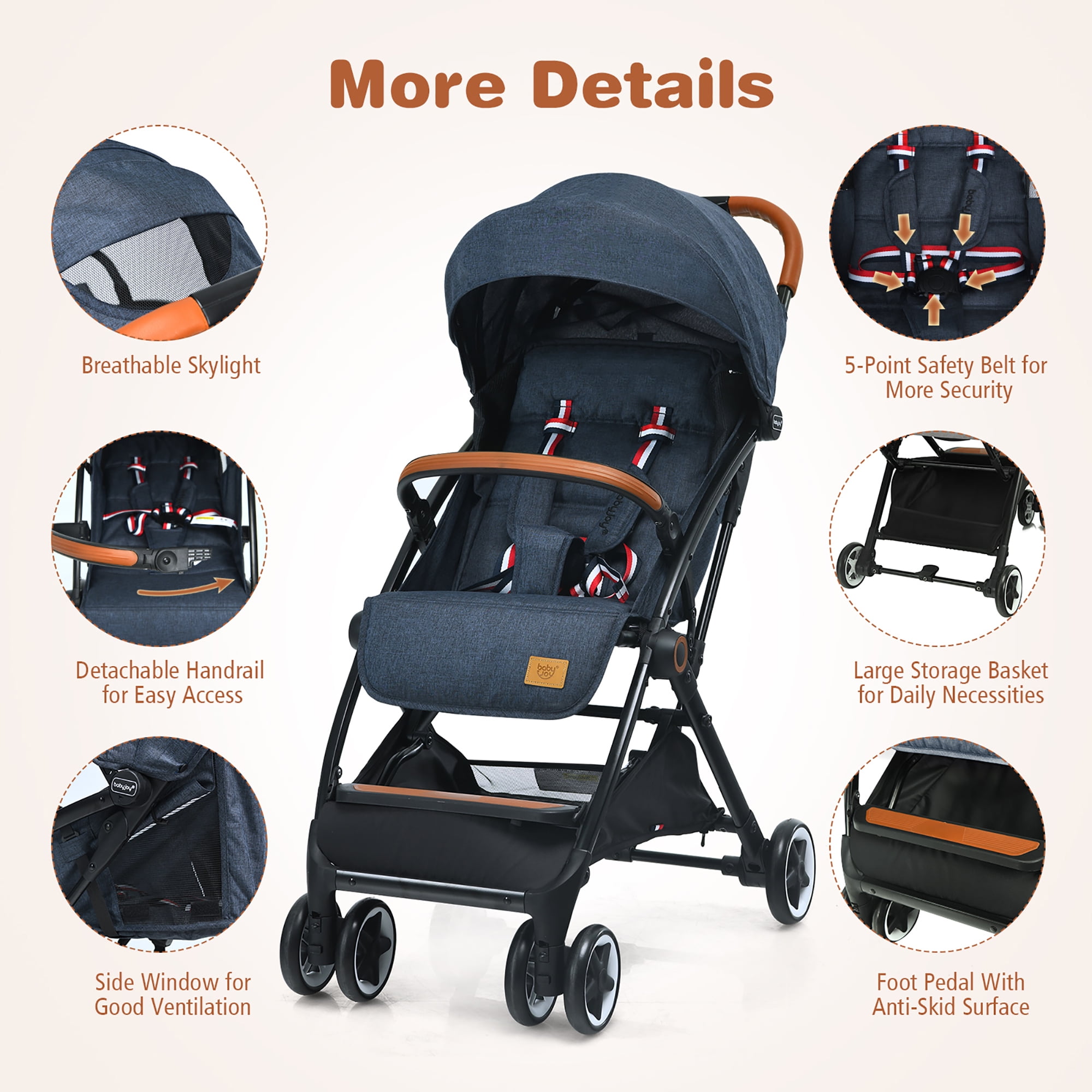 Costway Lightweight Baby Stroller with Adjustable Canopy and Storage Basket (Blue, 15 lb) epv4n