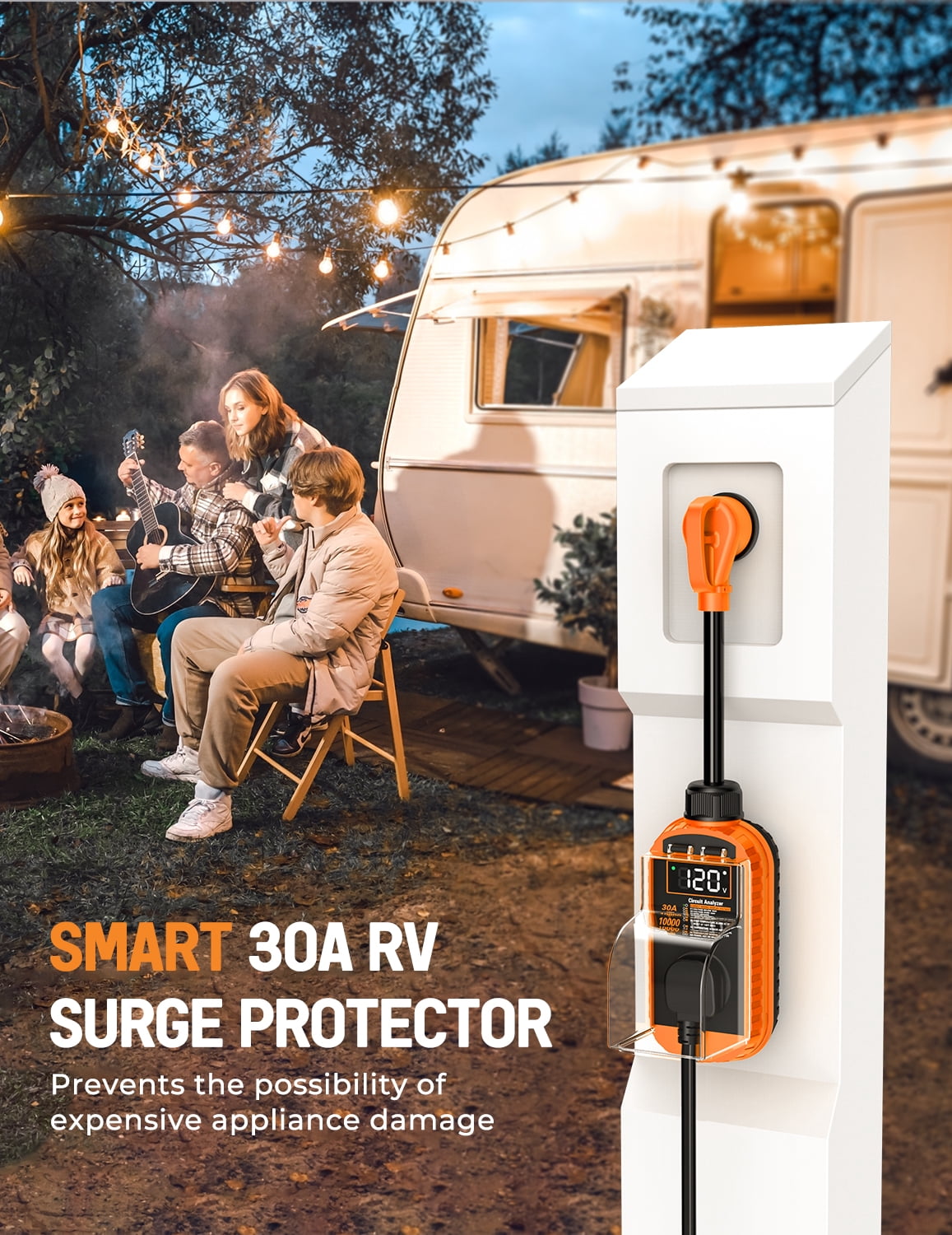 Mpow 30 Amp RV Surge Protector, 10,000J Smart Circuit Analyzer with LED Display & Auto Shutoff (Orange, 30 Amp) 5b85g