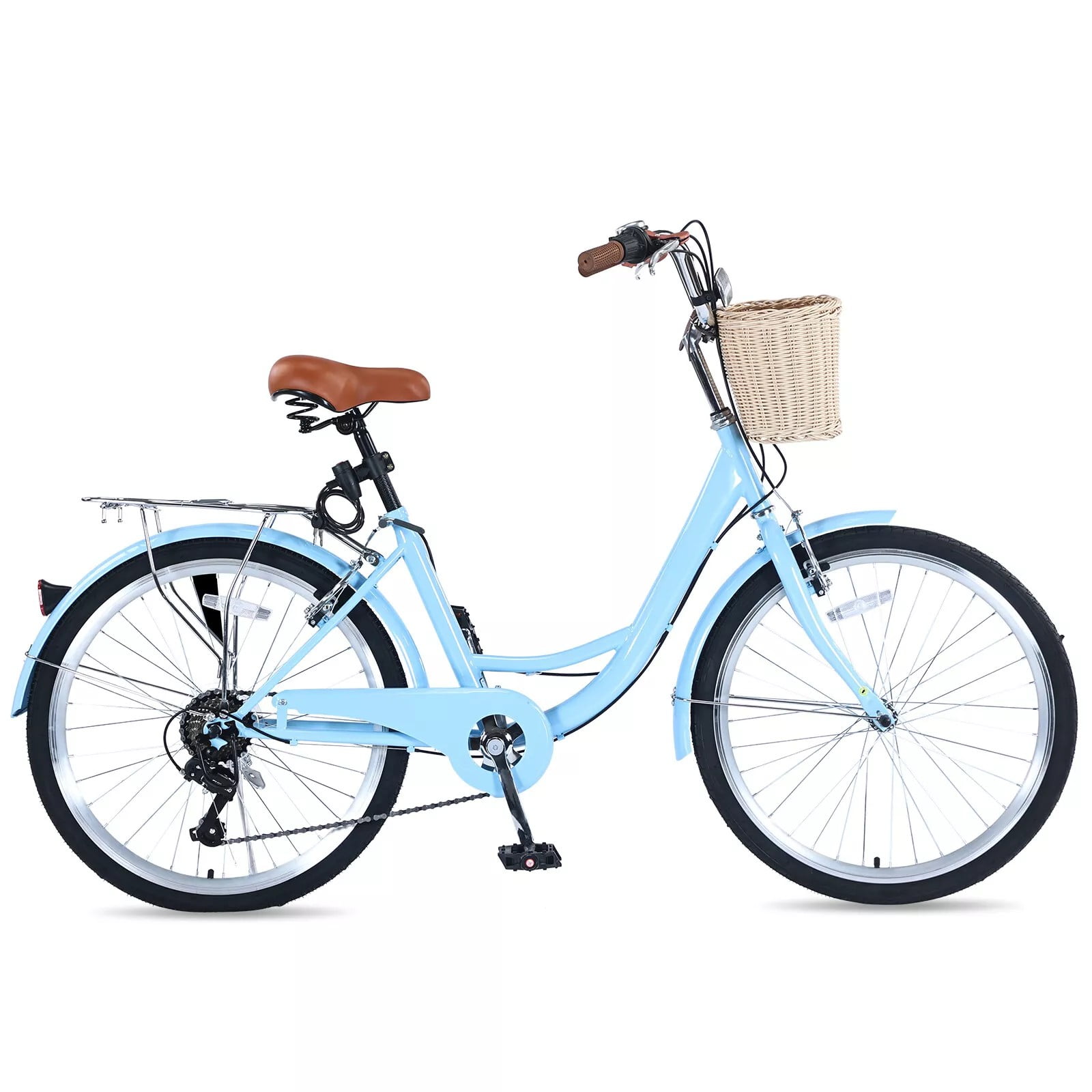 Jacgood 7-Speed Cruiser Bike for Adults, Ergonomic Urban Beach Bicycle with Basket (Light Blue, 26 in) a9l4c