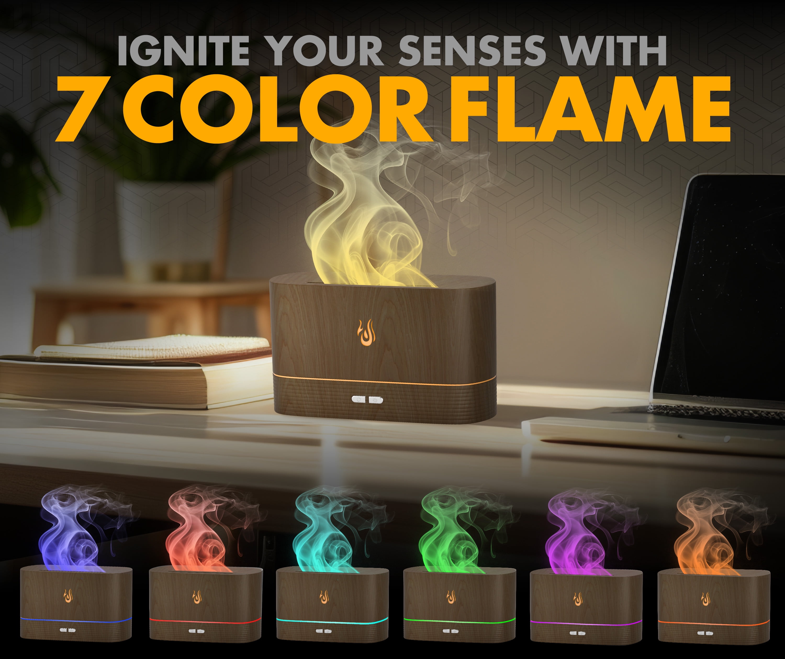 NABSAK Flame Diffuser Humidifier with 7-Color LED Lights and Remote Control (Dark Wood, 6.76 fl oz) 4tyfy